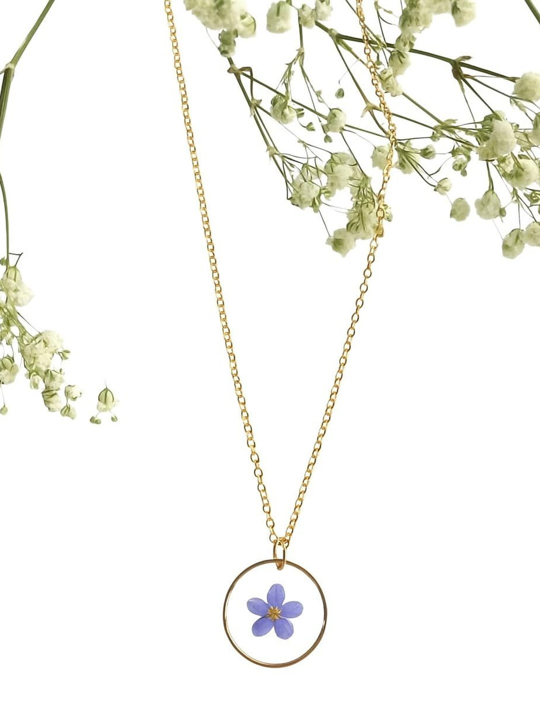 Dainty Little Shop Gold Toned Petite Pendant with Real Forget-Me-Not Flower