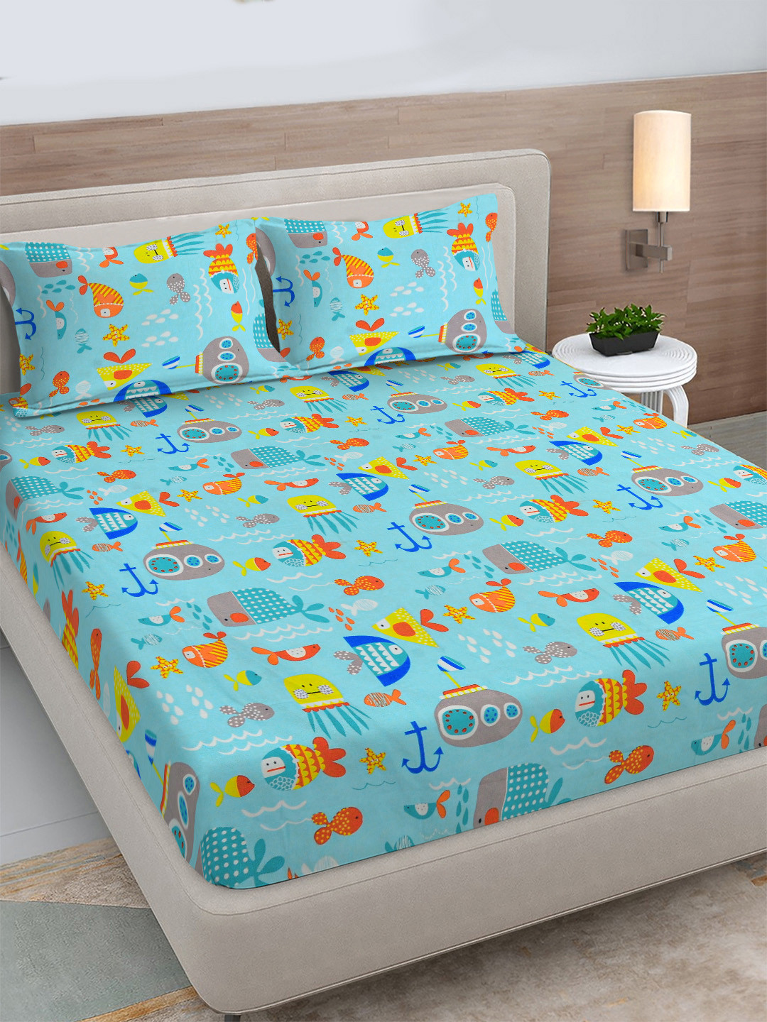 FABINALIV Rose Garden Blue Conversational Cotton 300 TC King Fine Bedsheet with 2 Pillow Covers-98 x 89 inches
