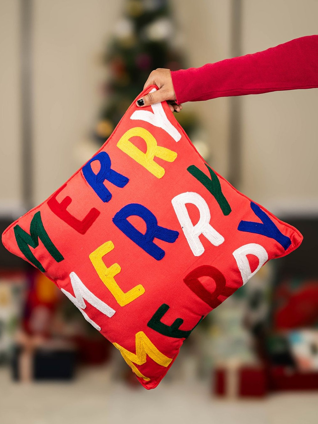 The Zappy Box Red & Green Embroidered Cotton Square Cushion Covers