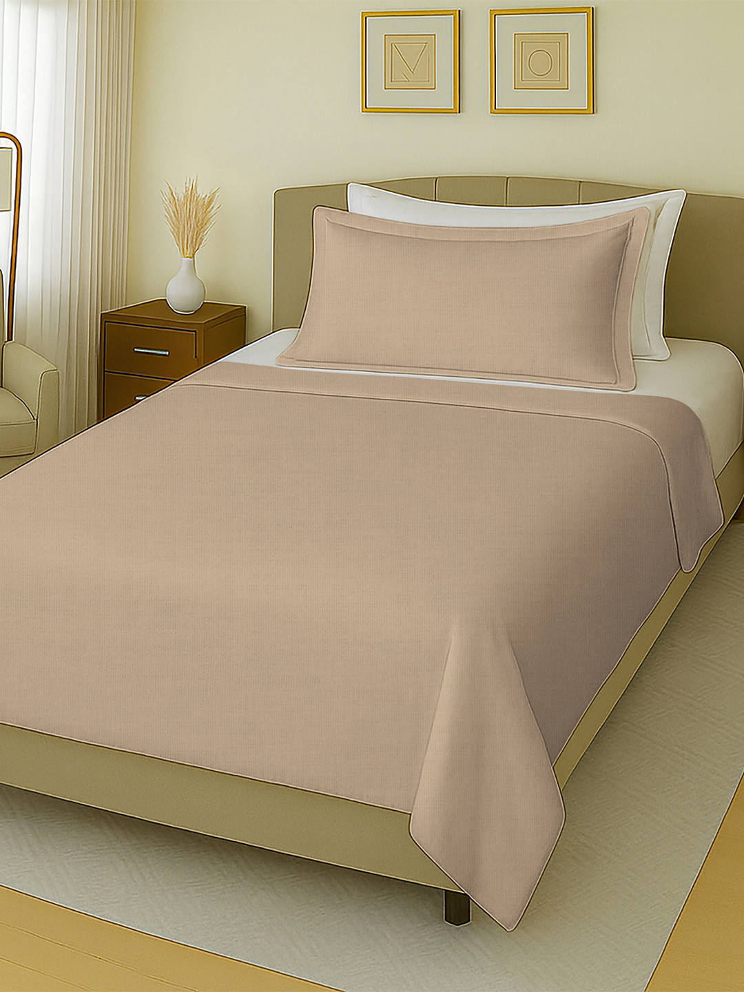 MAYFAIR HOMES LONDON Taupe Solid Cotton 144 TC Single Bedsheet with a Pillow Cover-152 x 224 cm