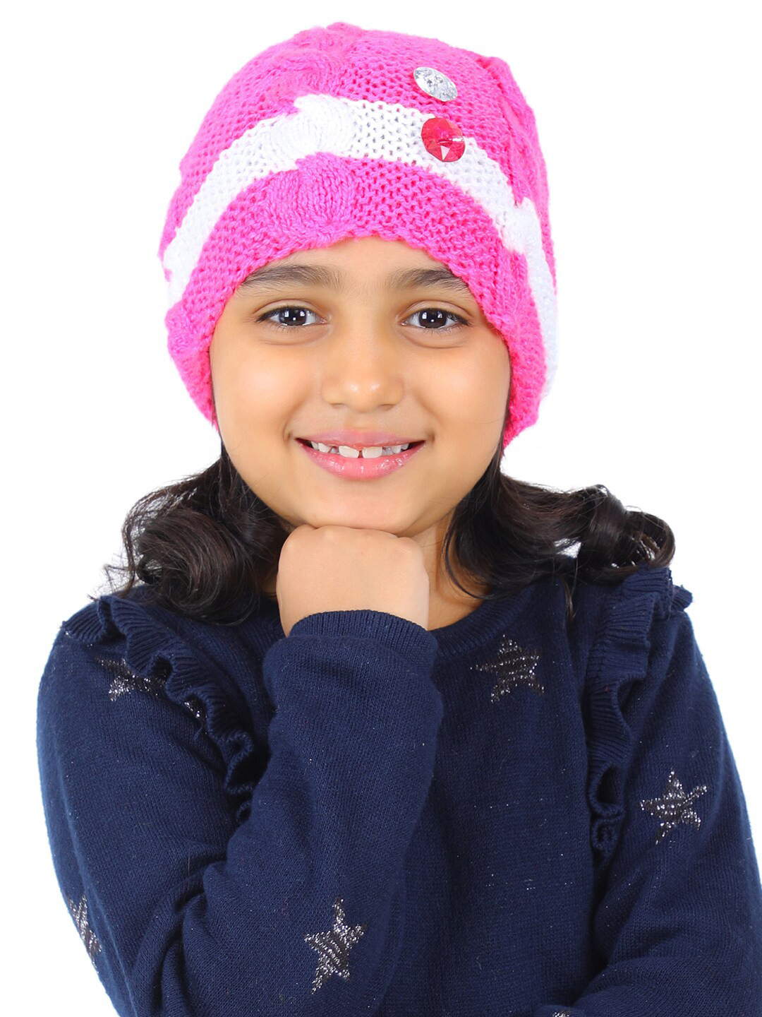 Bharatasya Girls Pink & White Beanie