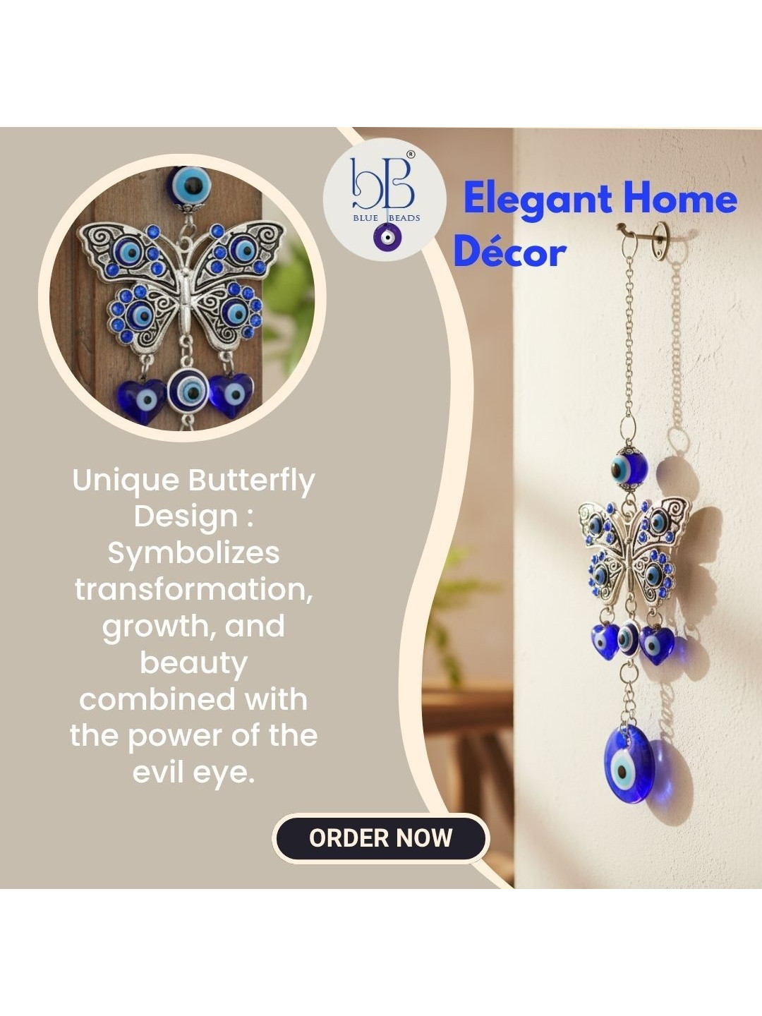 BLUE BEADS White & Blue Butterfly Evil Eye Wall Hanging Windchimes