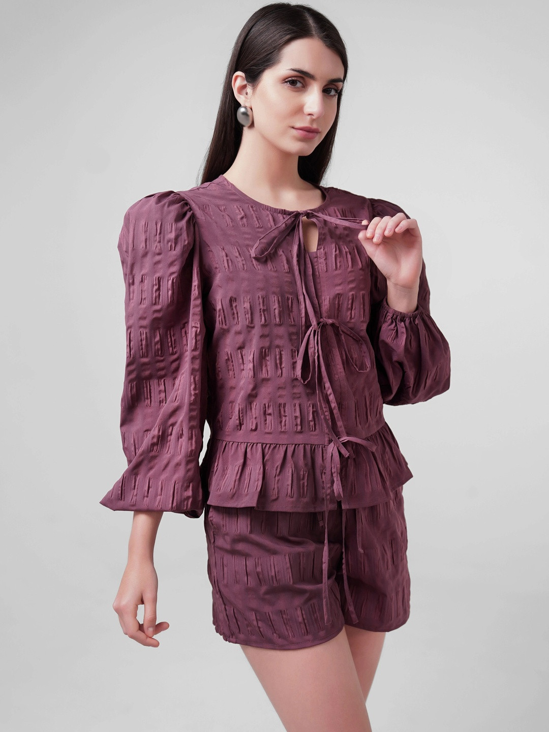 COVE AND LANE Tie-Up Neck Puff Sleeve Smocked Top