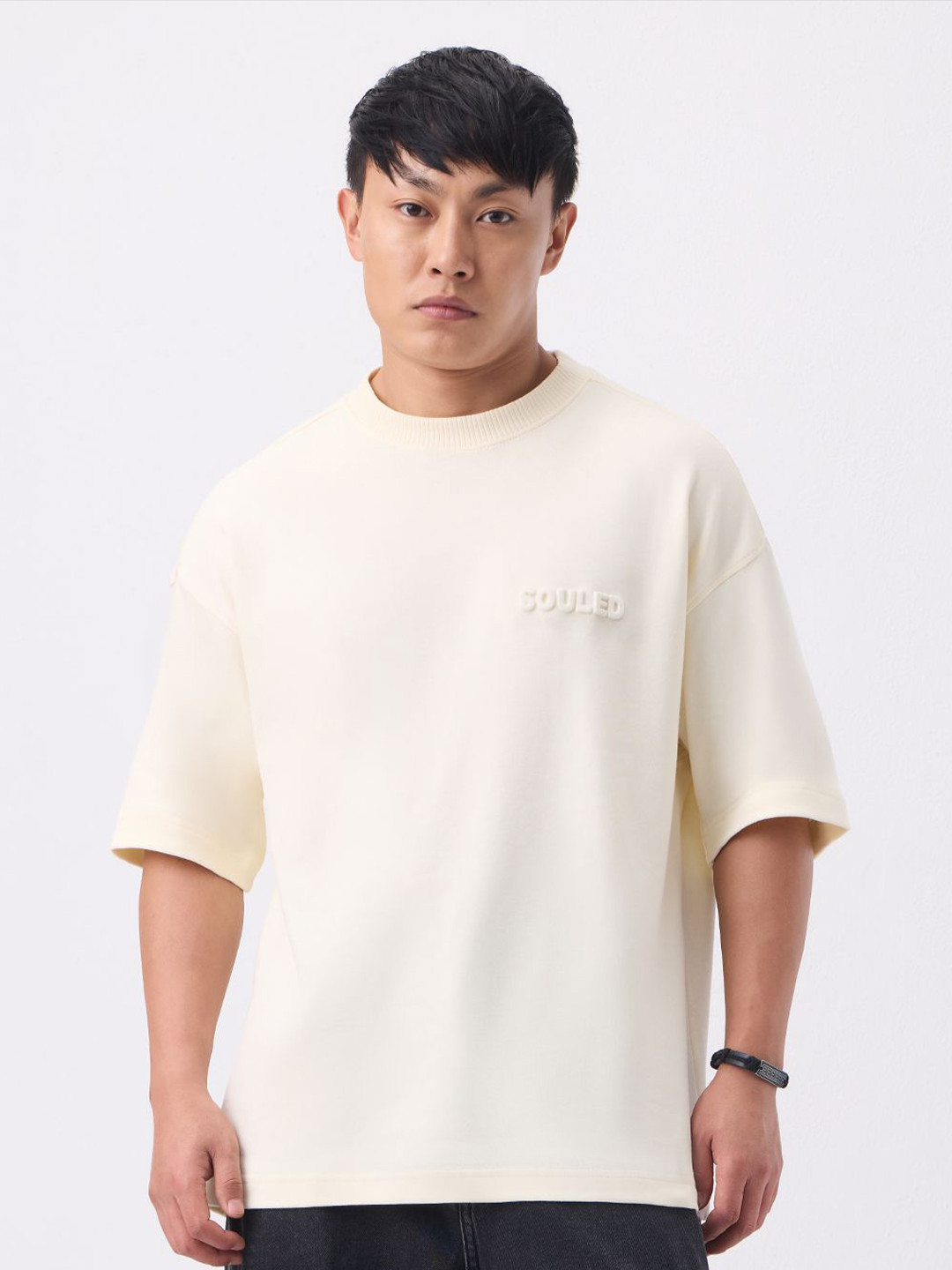 The Souled Store Men Brand Logo Printed Drop-Shoulder Sleeves T-shirt
