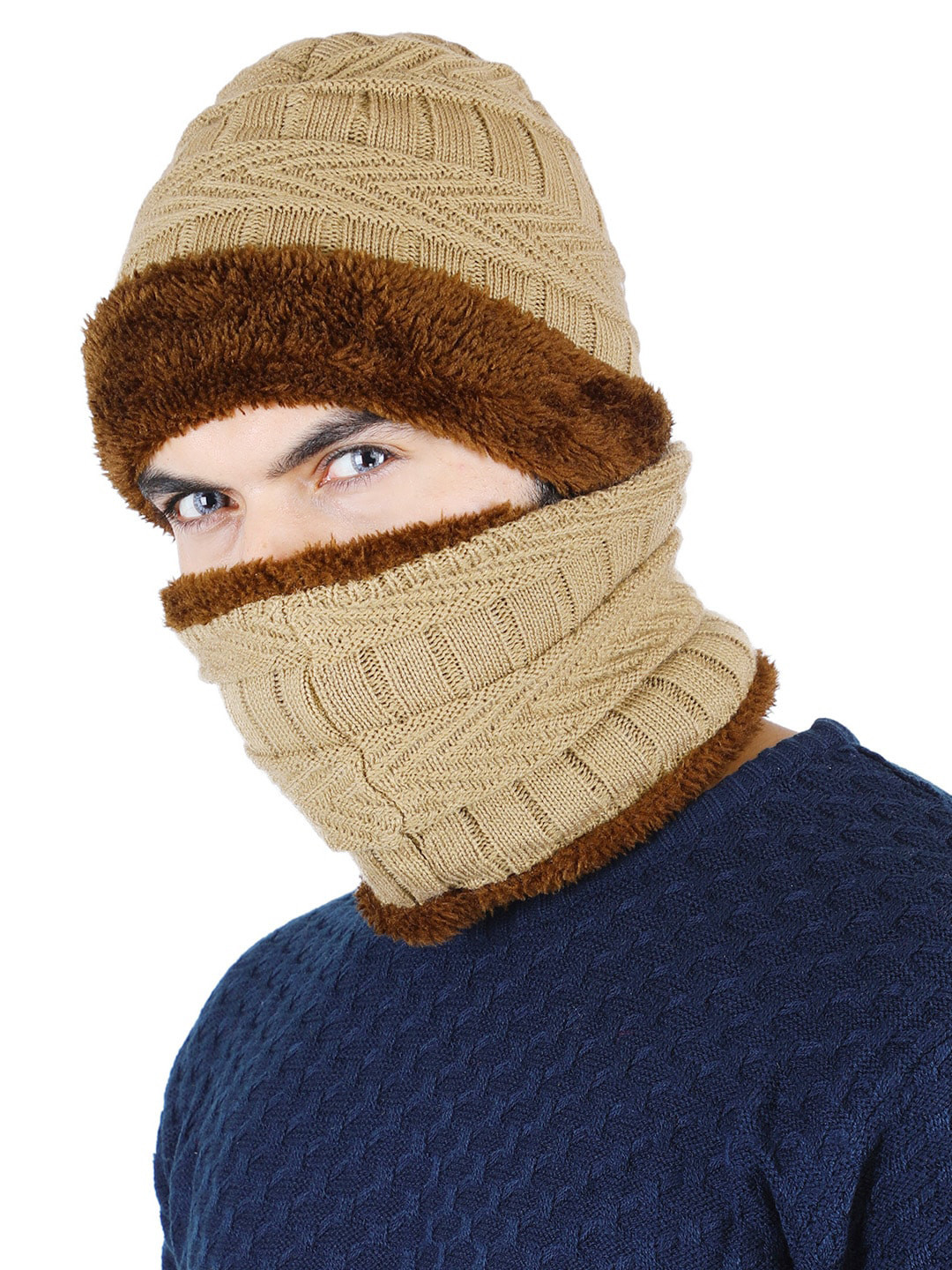 Bharatasya Men Brown & Beige Colourblocked Beanie