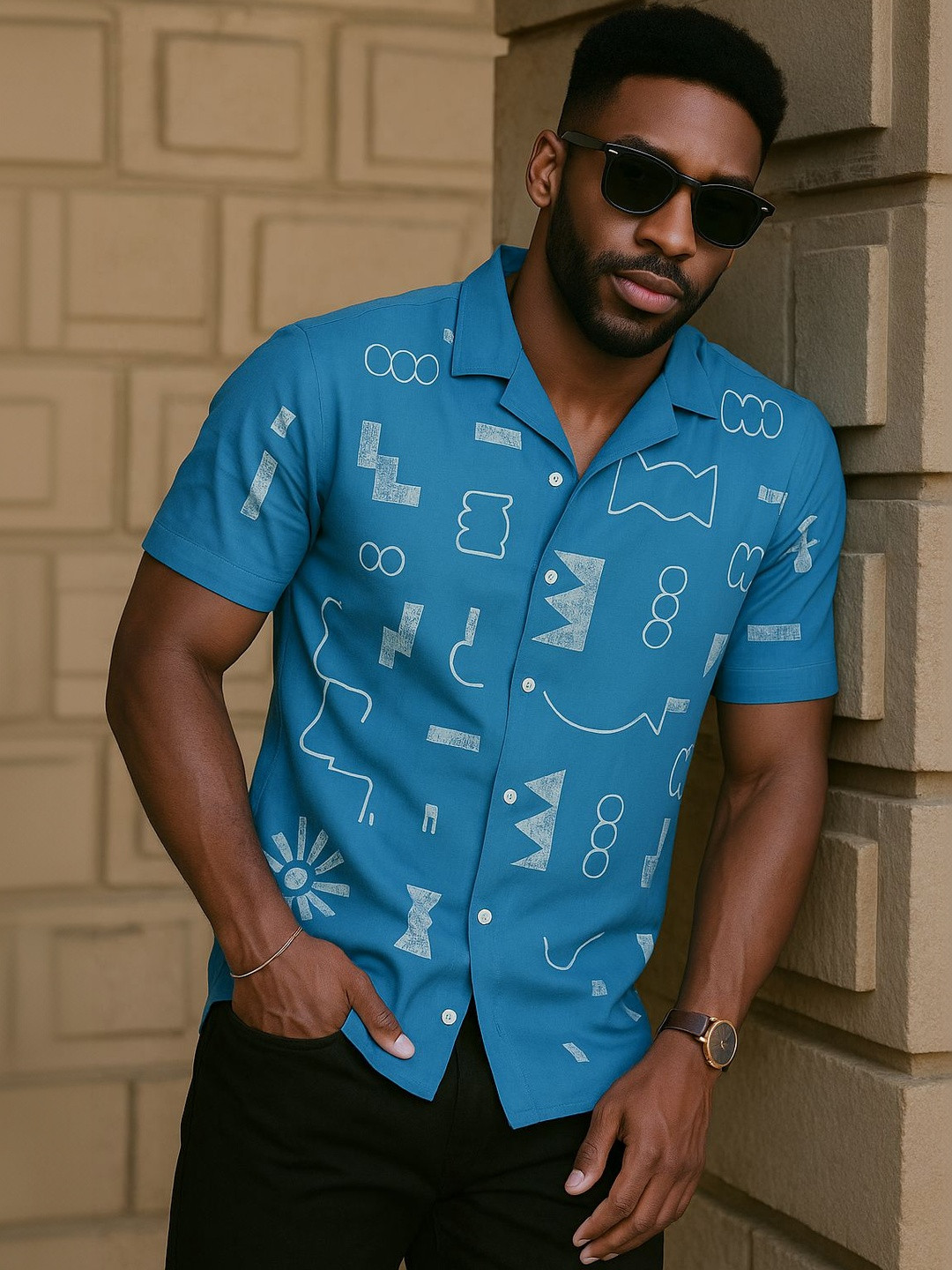 DYMORA Men Teal Blue Graphic Printed Linen Blend Cuban Collar Shirt