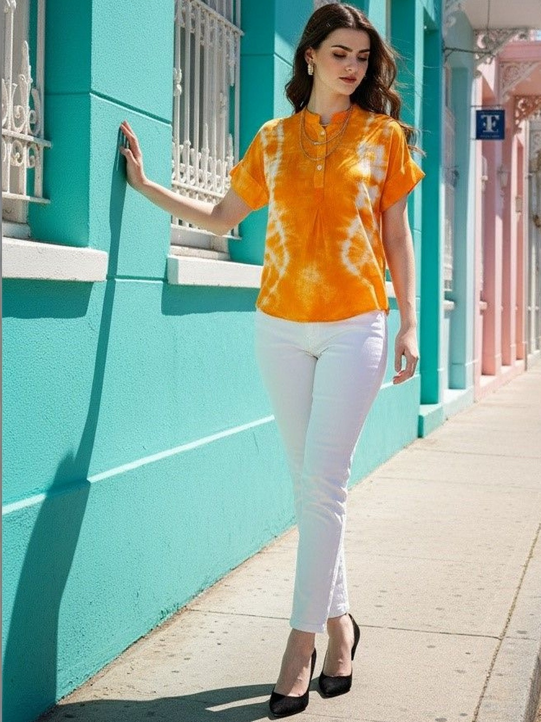 Chandbaali Tie and Dye Mandarin Collar Top