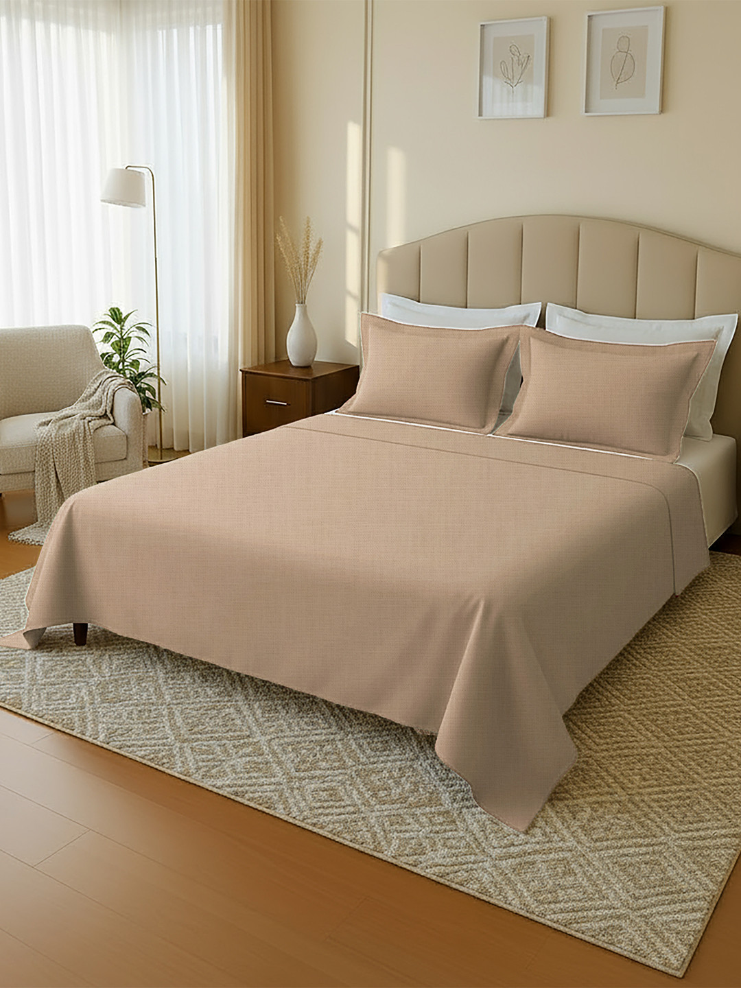 MAYFAIR HOMES LONDON Taupe Solid 144 TC Cotton 1 King Bedsheet with 2 Pillow Covers