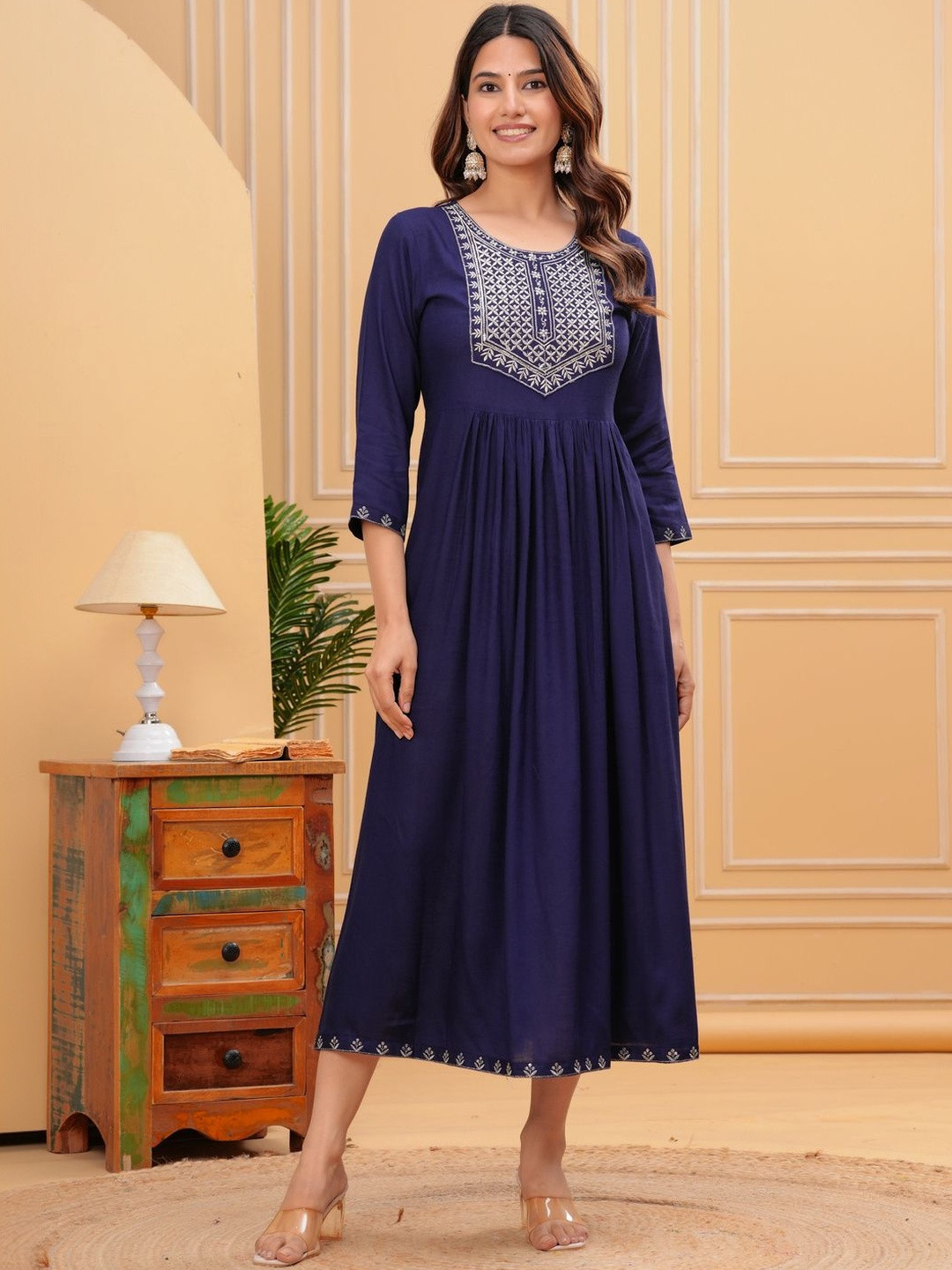 NavNari Embroidered A-Line Midi Dress