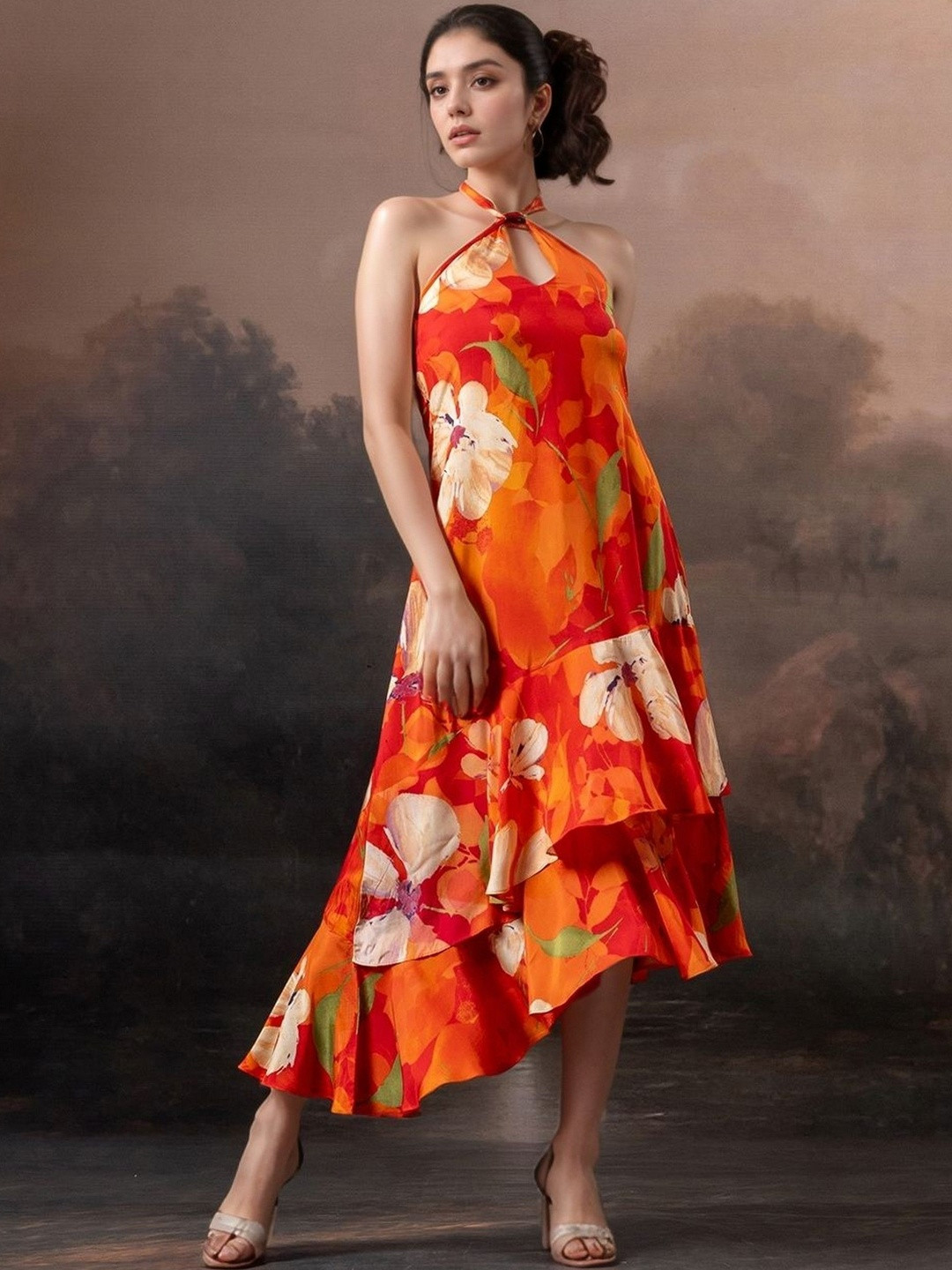 all about you Floral Print Halter Neck Ruffled A-Line Midi Dress