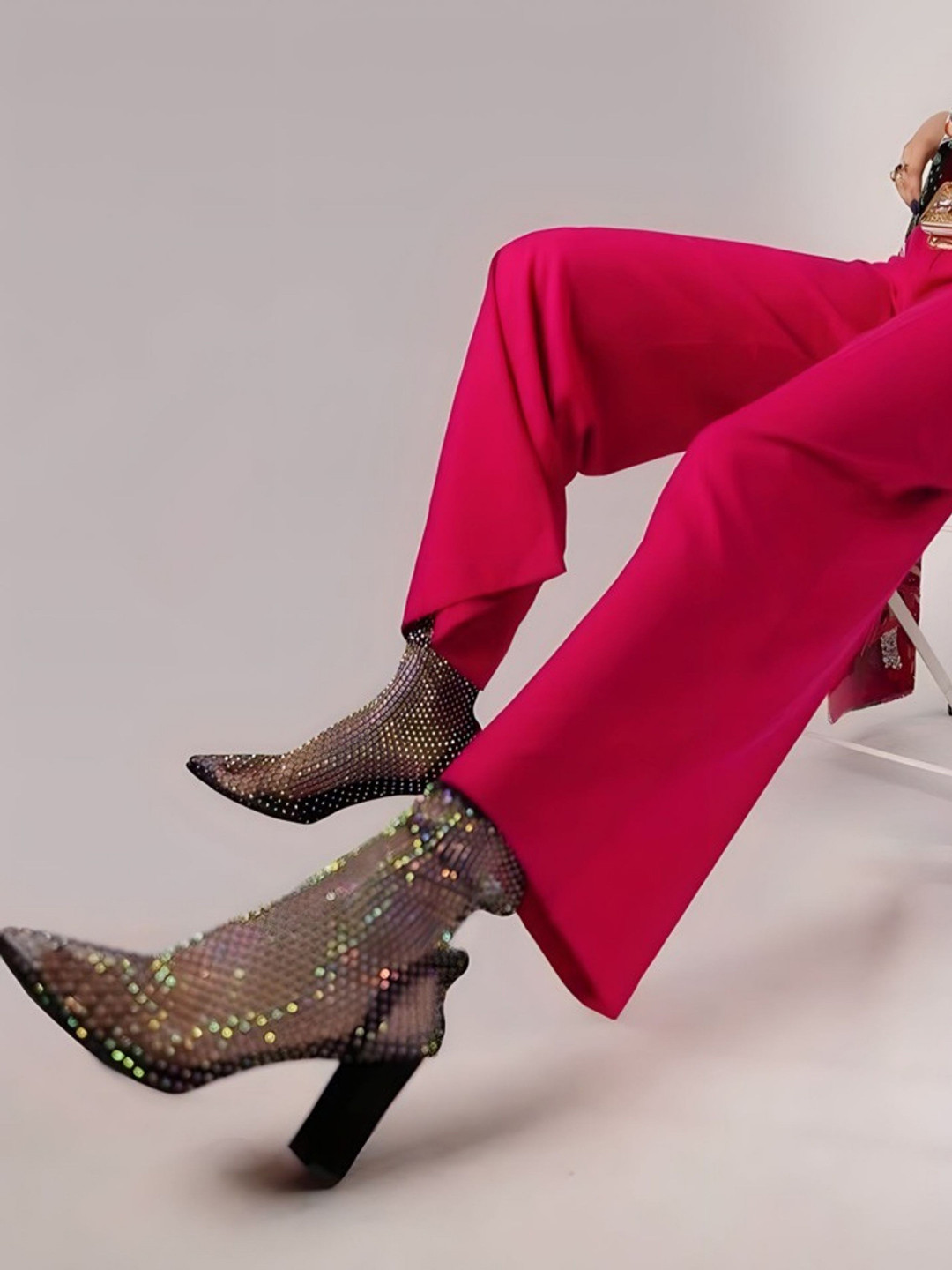 ZORI WORLD Women GLITZ High -Top Embellished Party Textile Block-Heel Regular Boots