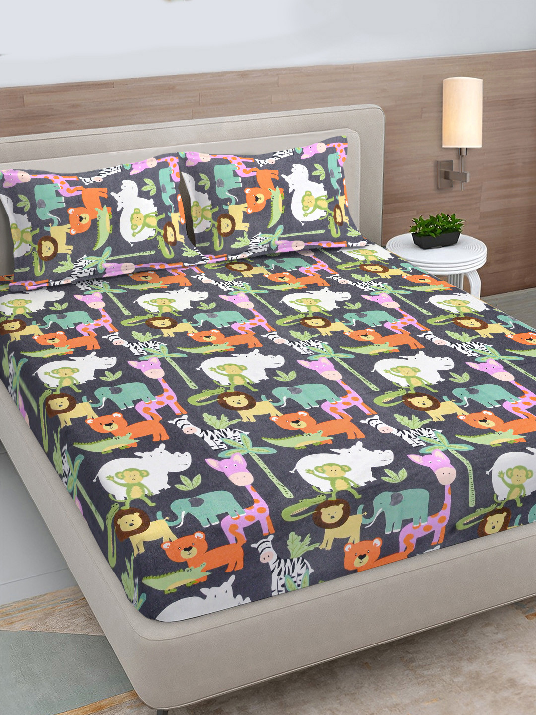 FABINALIV Grey Cartoon Print Polycotton 300 TC King Fine Bedsheet with 2 Pillow Covers