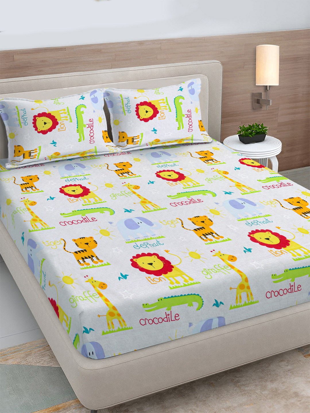 FABINALIV Blue Cartoon Print Polycotton 300 TC King Fine Bedsheet with 2 Pillow Covers