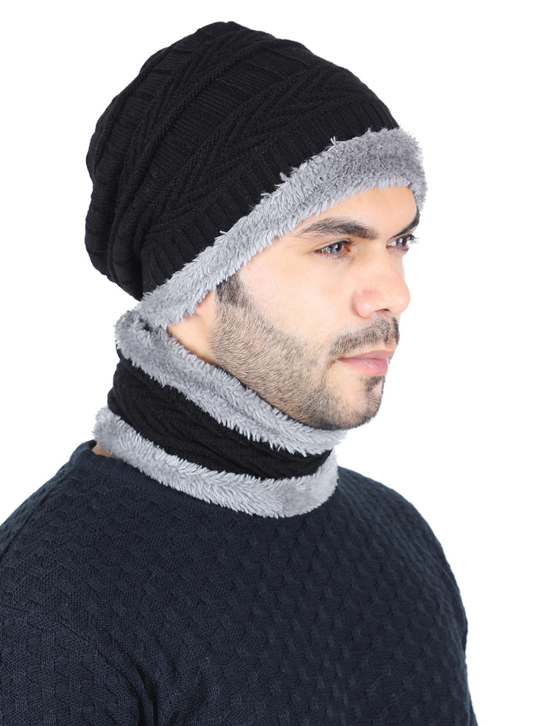 Bharatasya Men Black & Grey Acrylic Wool Beanie with Neck Scarf