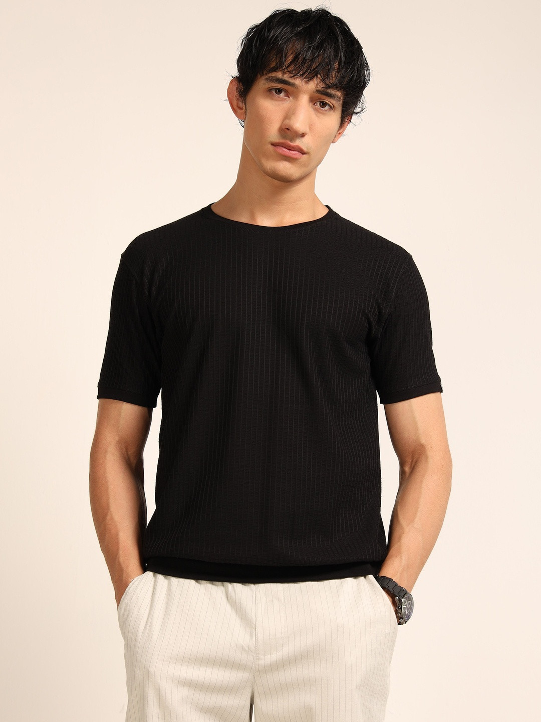 Bushirt Textured Self Design Cotton Round Neck Short Sleeves T-shirt