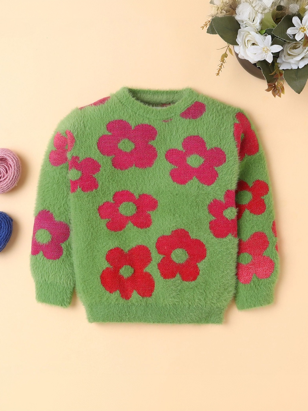 Yellow Apple Girls Floral Printed Pullover with Fuzzy Detail