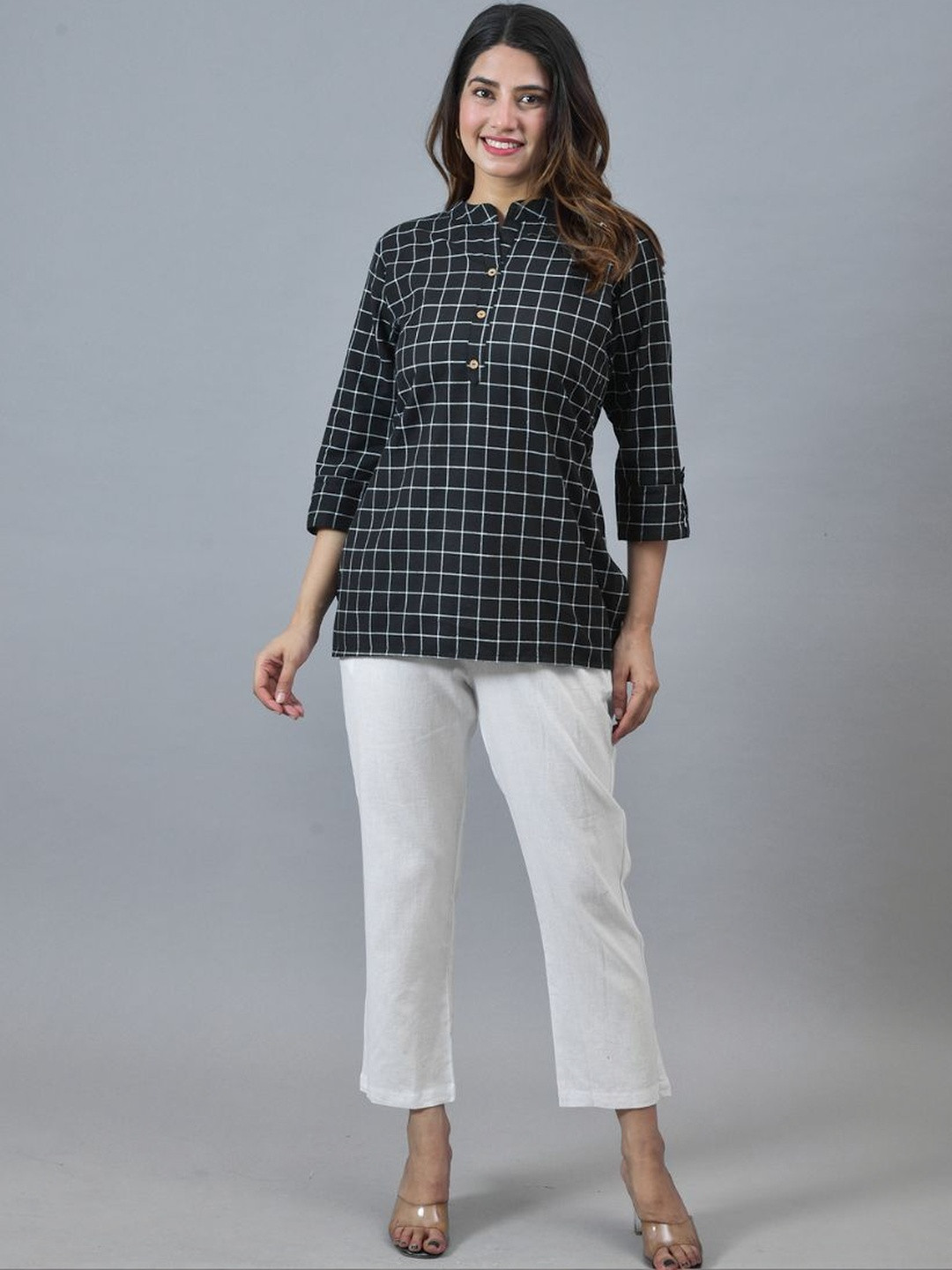 ETC X D To D Life Style Checked Cotton Mandarin Collar Top