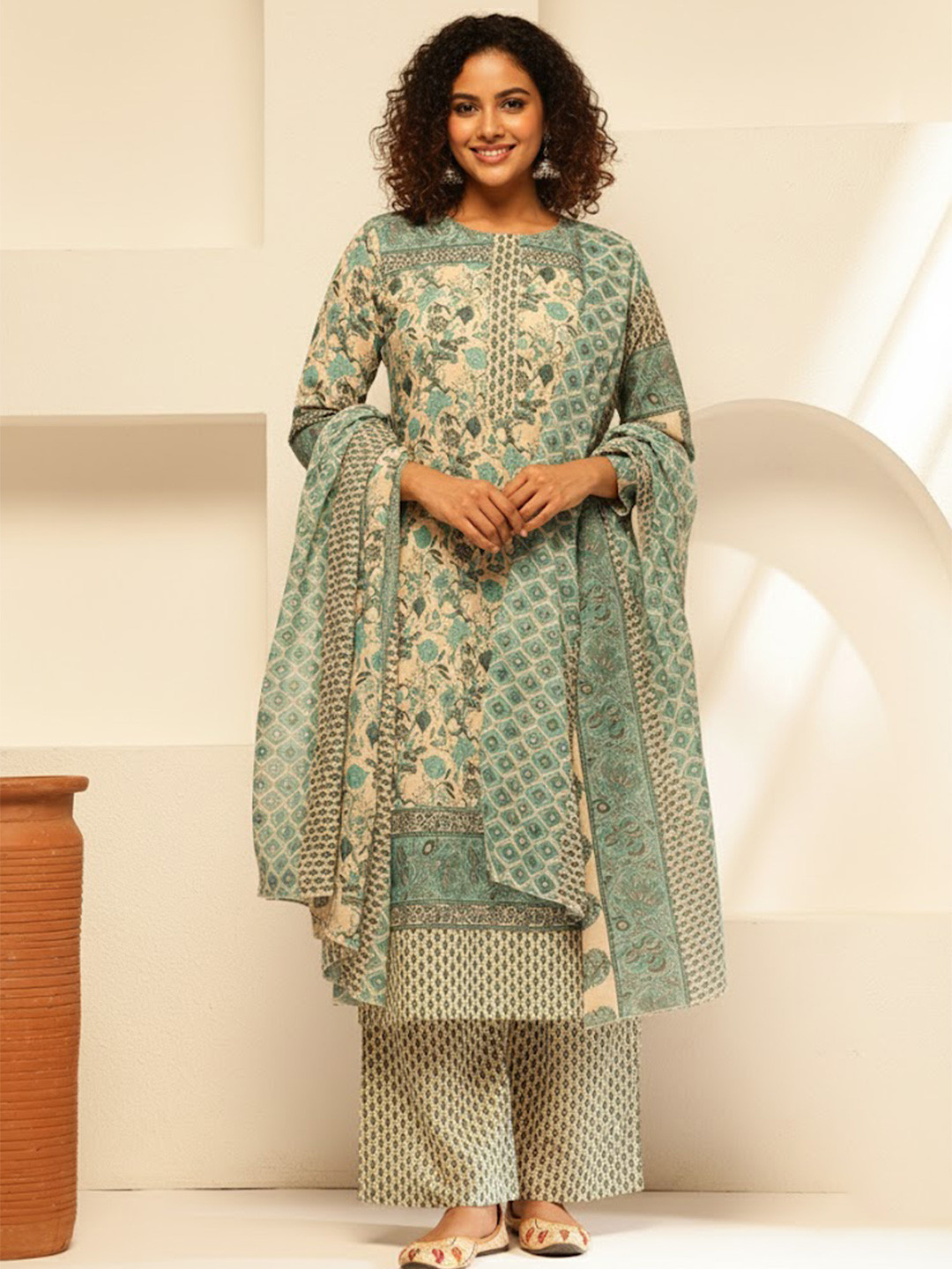 GULMEHAK Women Aqua Floral Printed Cotton Kurta with Palazzos & Dupatta