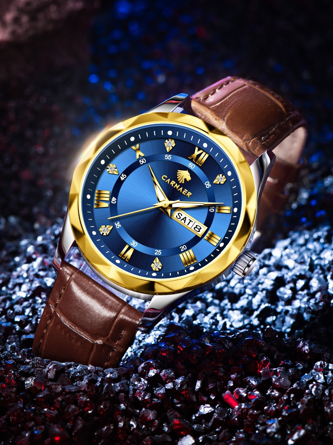 Carnaer Men Embellished Dial & Leather Bracelet Style Straps Analogue and Digital Watch CN-6102-Brn-Blu