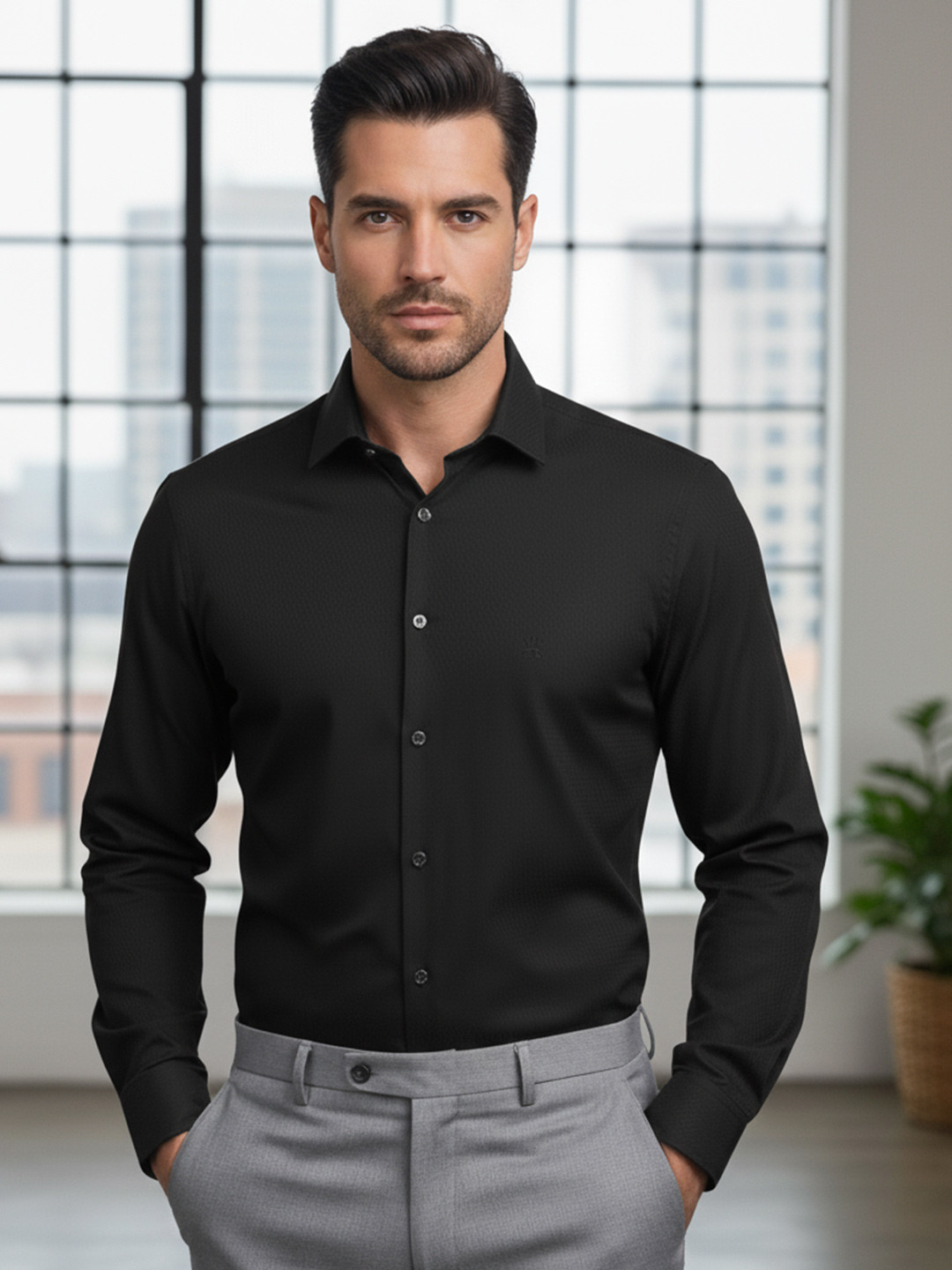 ALMATY Men Comfort Slim Fit Solid Spread Collar Pure Cotton Formal Shirt