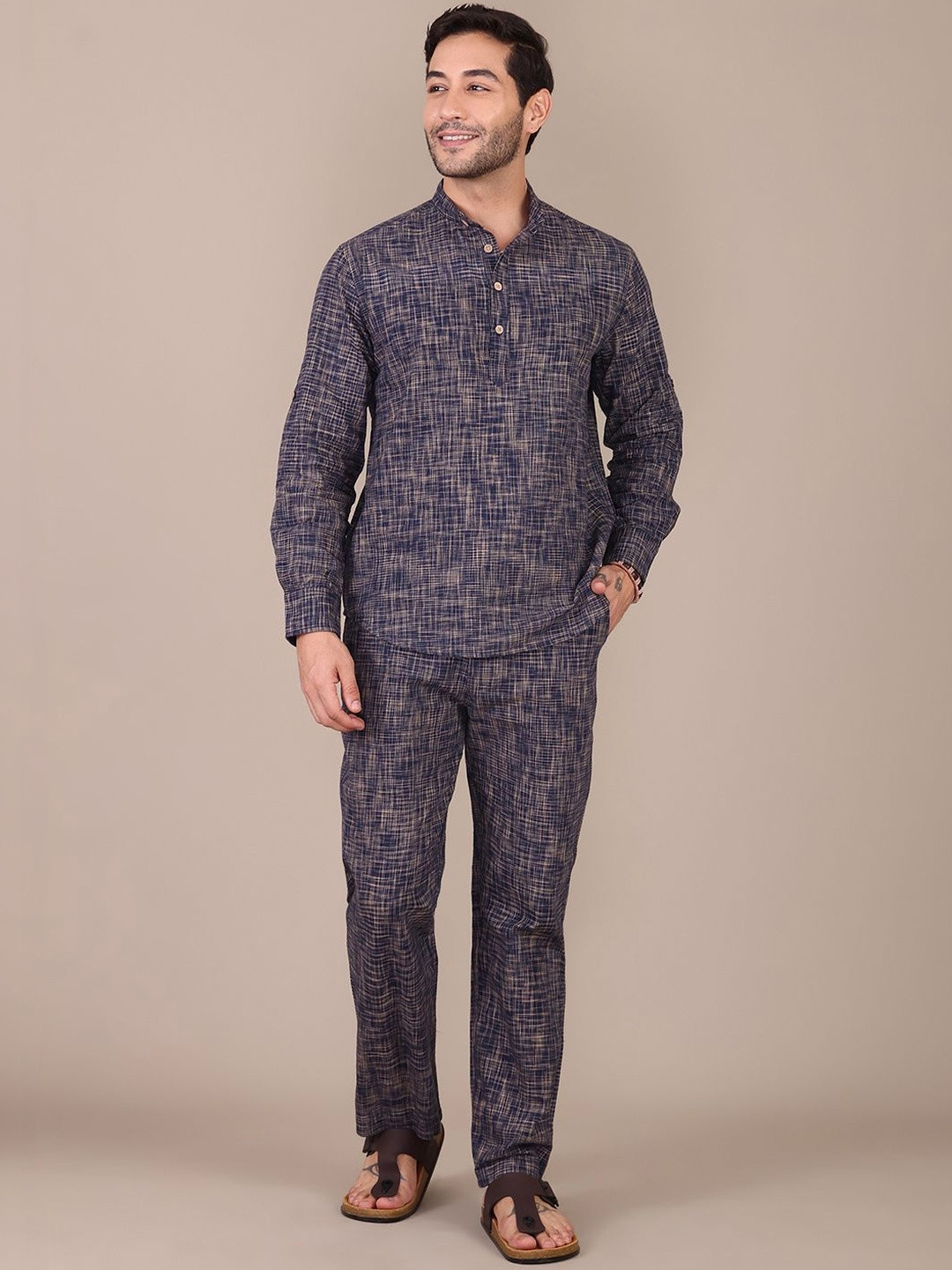 Amanush Men PureCotton Self Design Mandarin Neck & Long Sleeves Shirt With Trouser Co-Ords