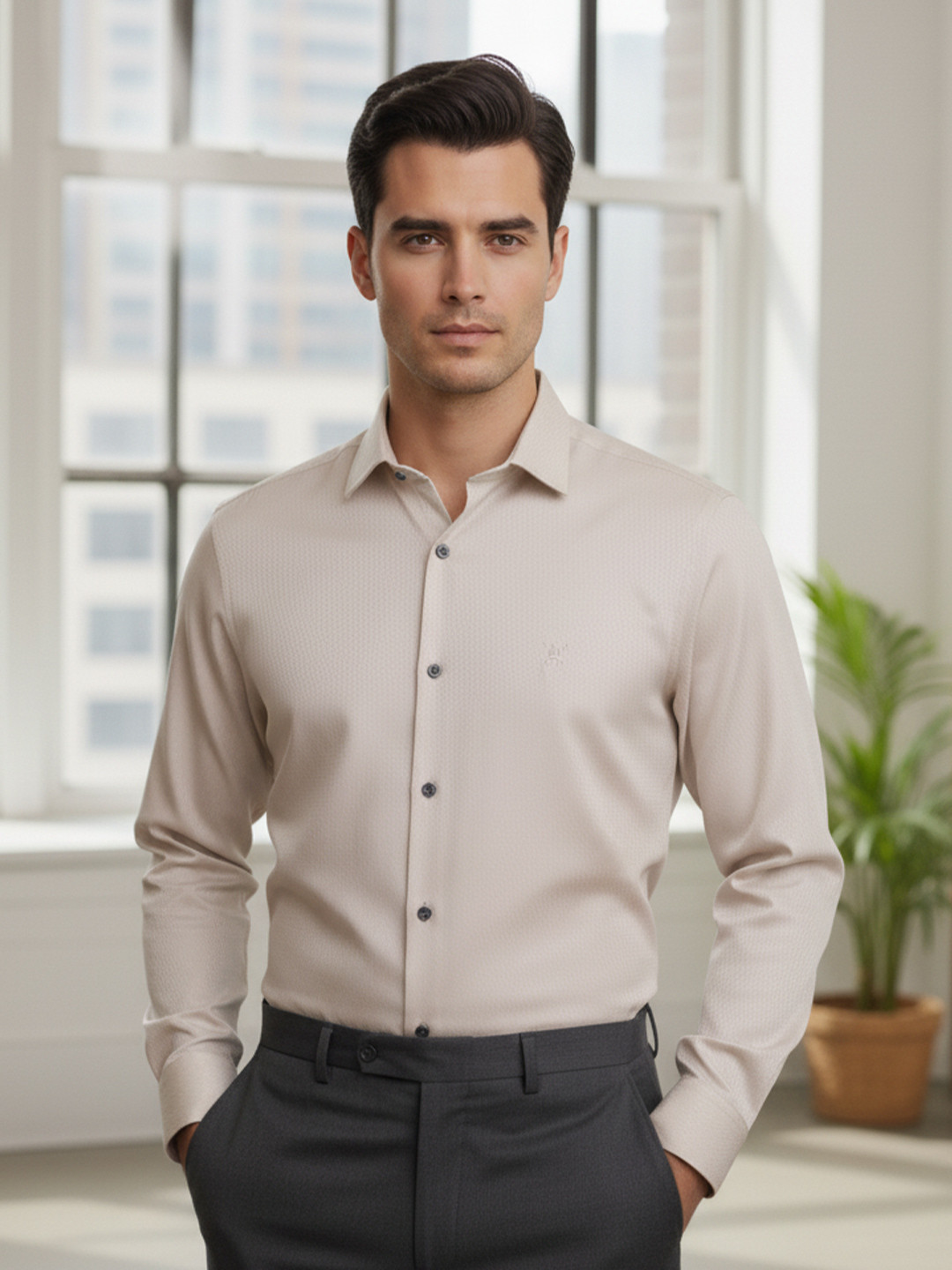 ALMATY Men Comfort Slim Fit Solid Spread Collar Pure Cotton Formal Shirt