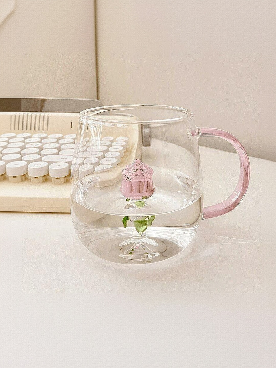 Dainty Little Shop Transparent Floral Printed Glass Glossy Glass Set of Cups and Mugs