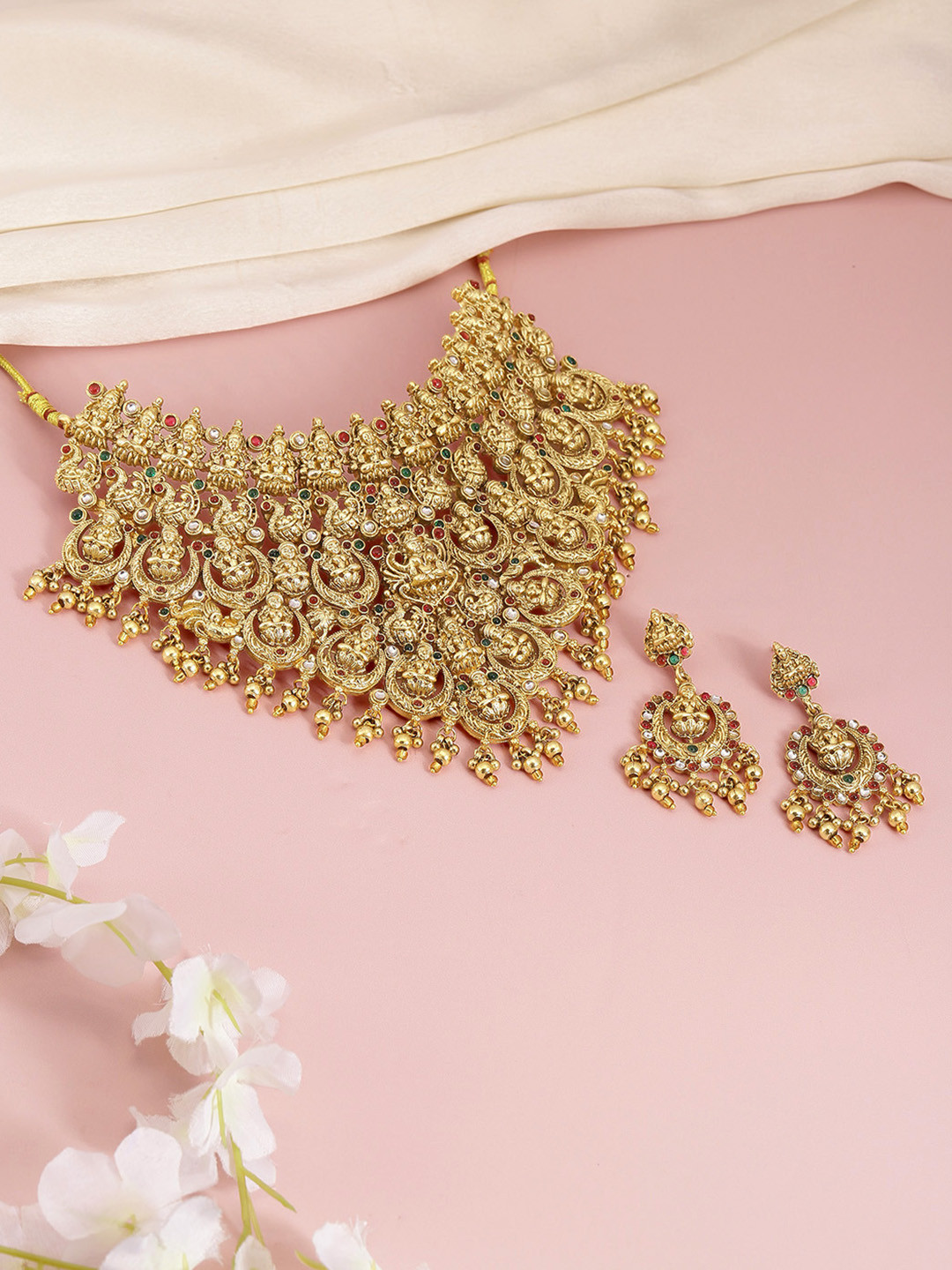 Peora Gold-Plated Ruby-Studded Jewellery Set