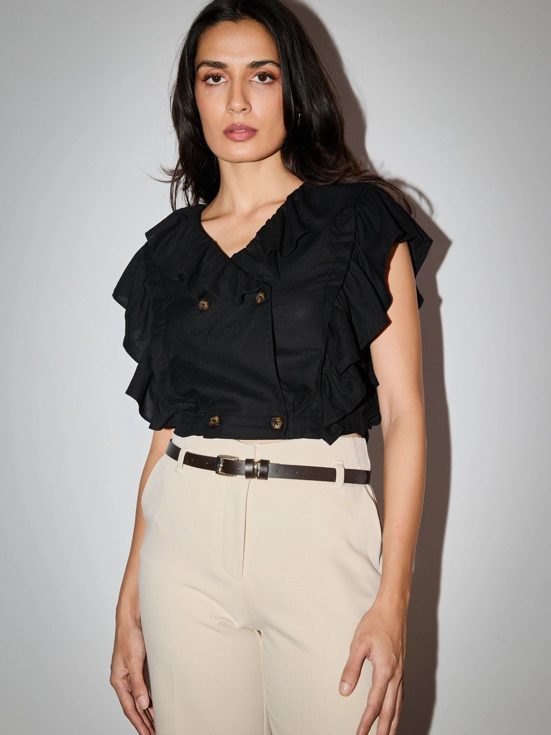 COVE AND LANE Flutter Sleeve Ruffles Linen Crop Top