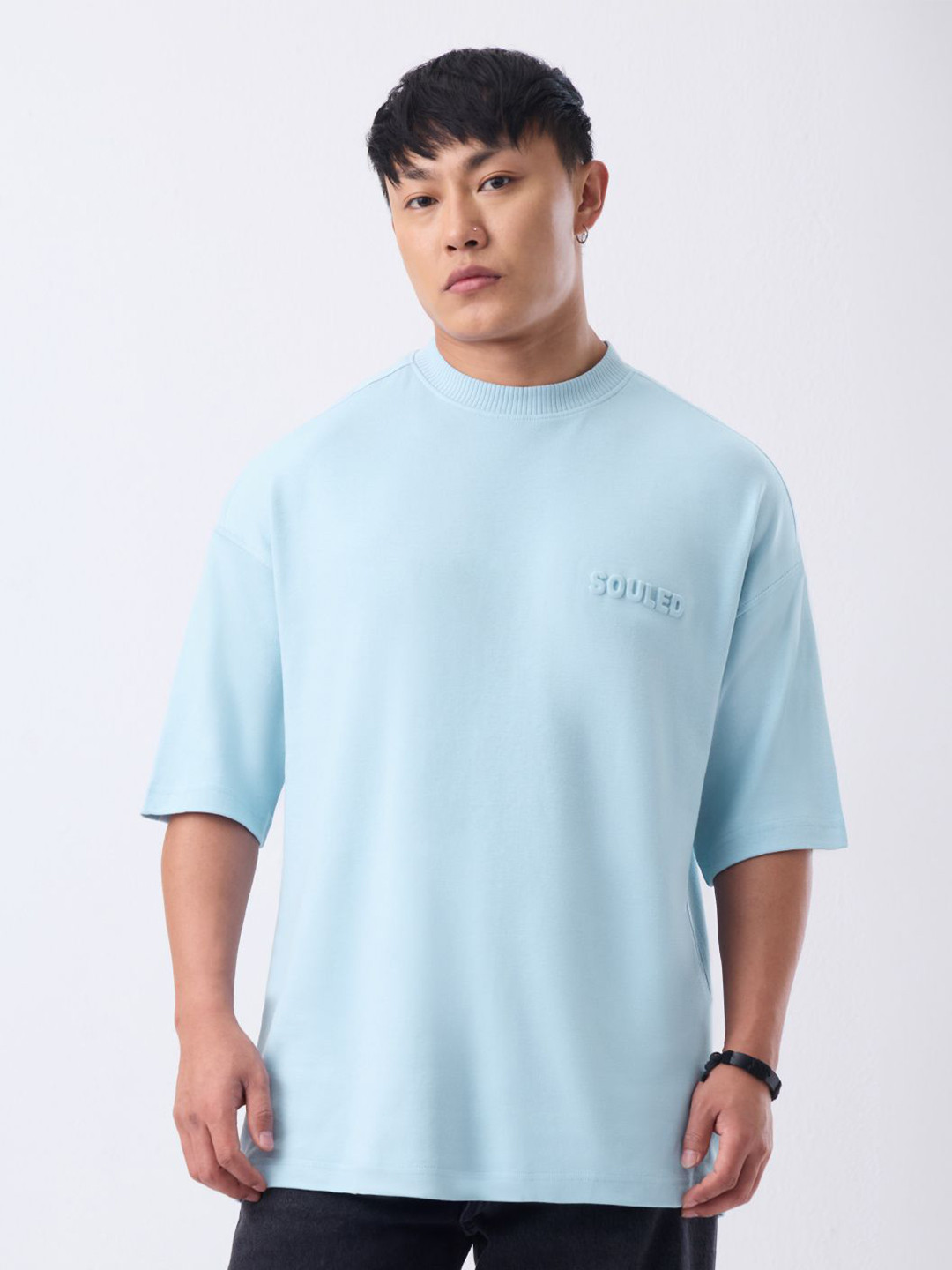 The Souled Store Men Brand Logo Printed Drop-Shoulder Sleeves T-shirt