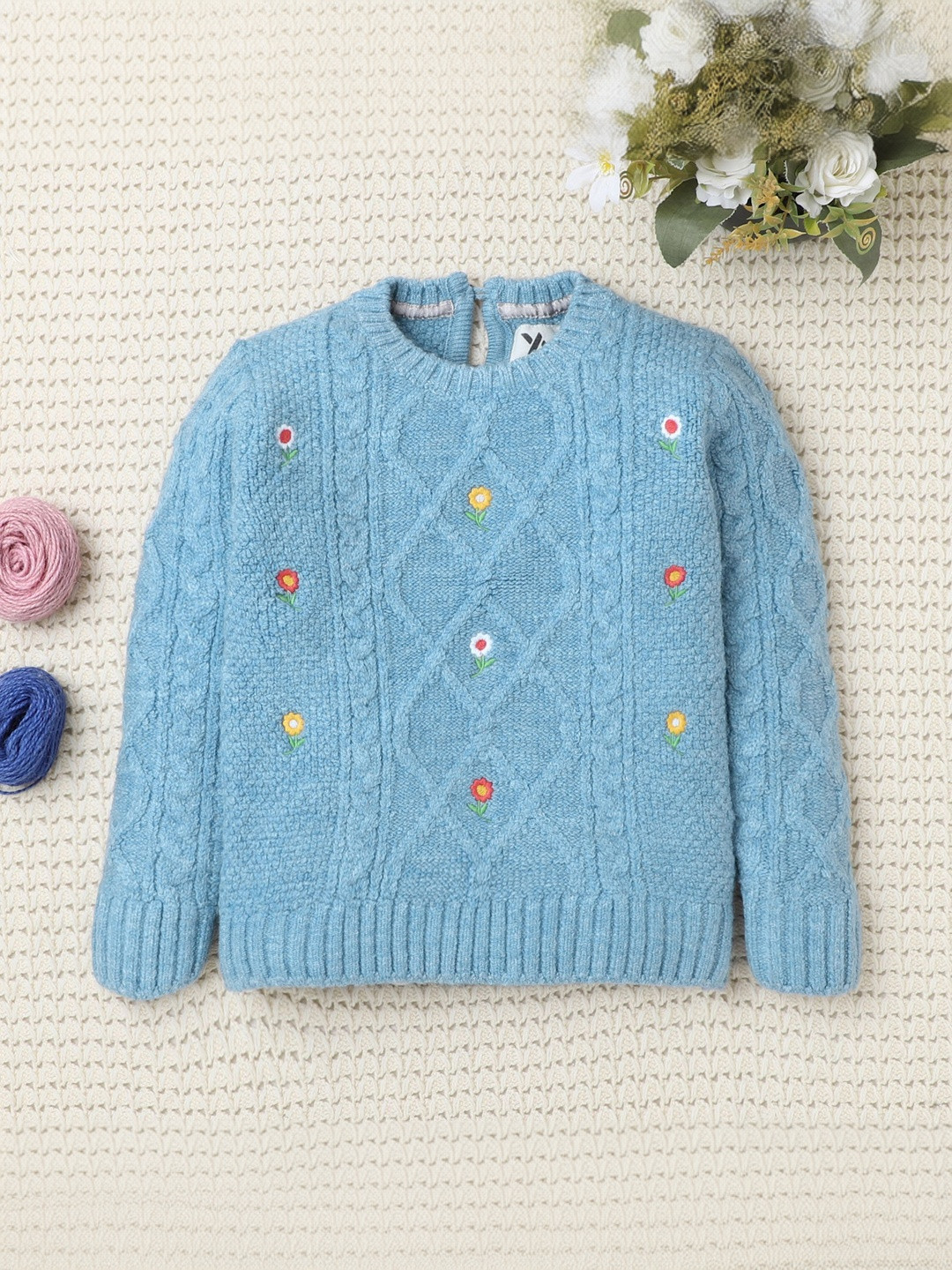 Yellow Apple Girls Cable Knit Pullover with Embroidered Detail