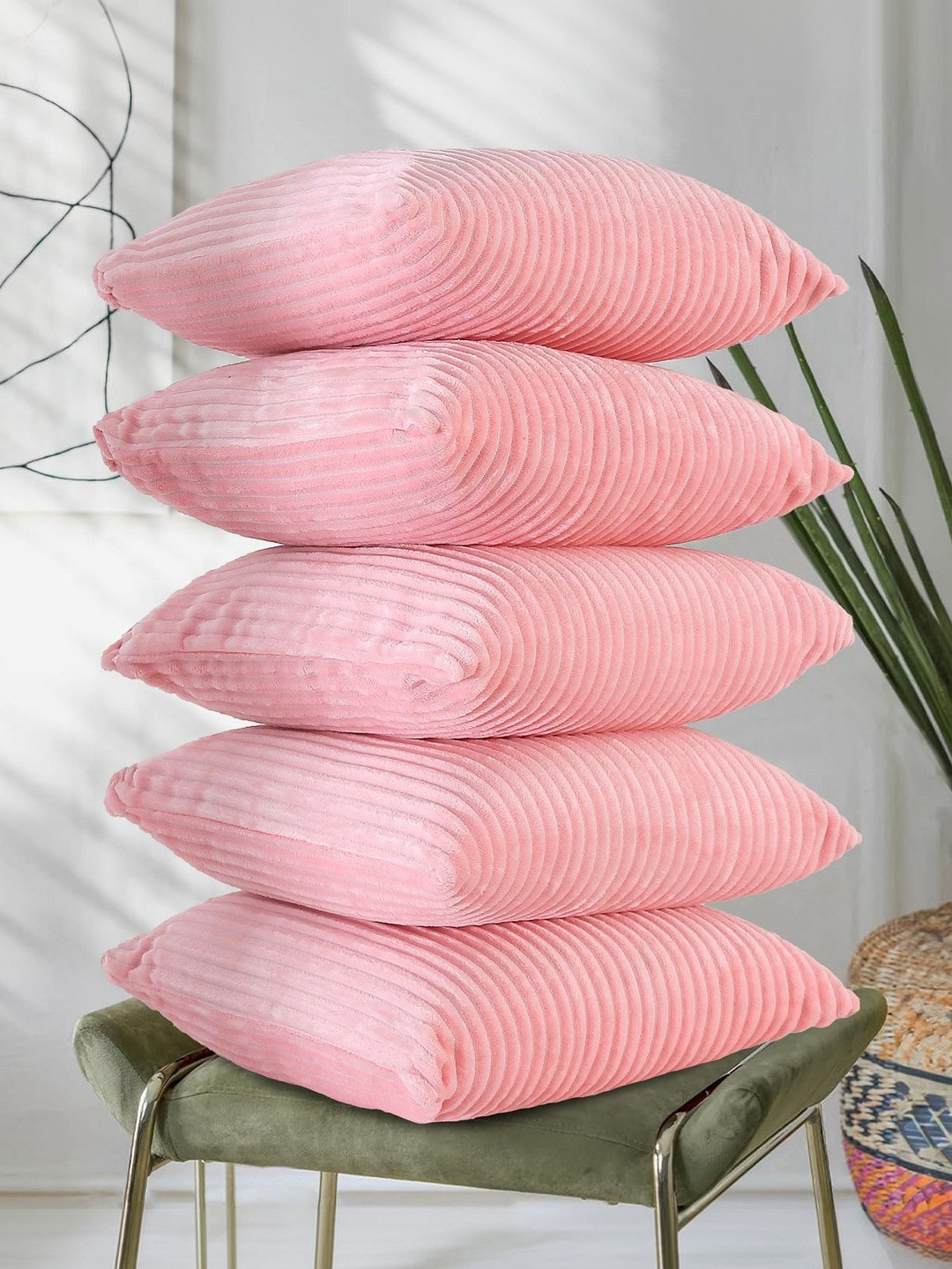 RD TREND Set of 5 Striped Textured Velvet Washable Square Cushion Covers