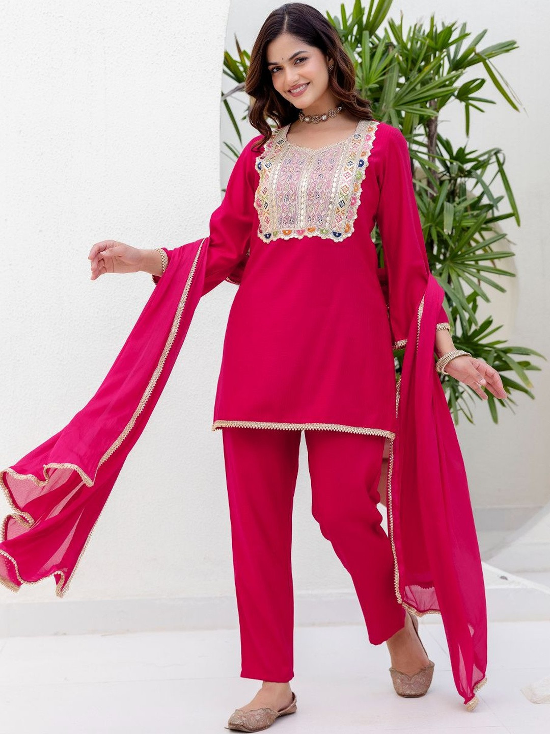 EthniFlair Women Ethnic Motifs Embroidered Regular Mirror Work Kurta with Trousers & With Dupatta