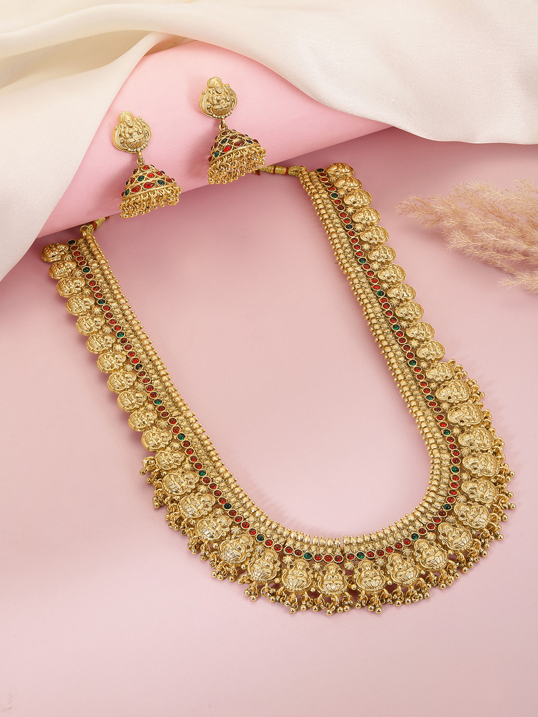 Peora Gold-Plated Ruby-Studded Temple Jewellery Set