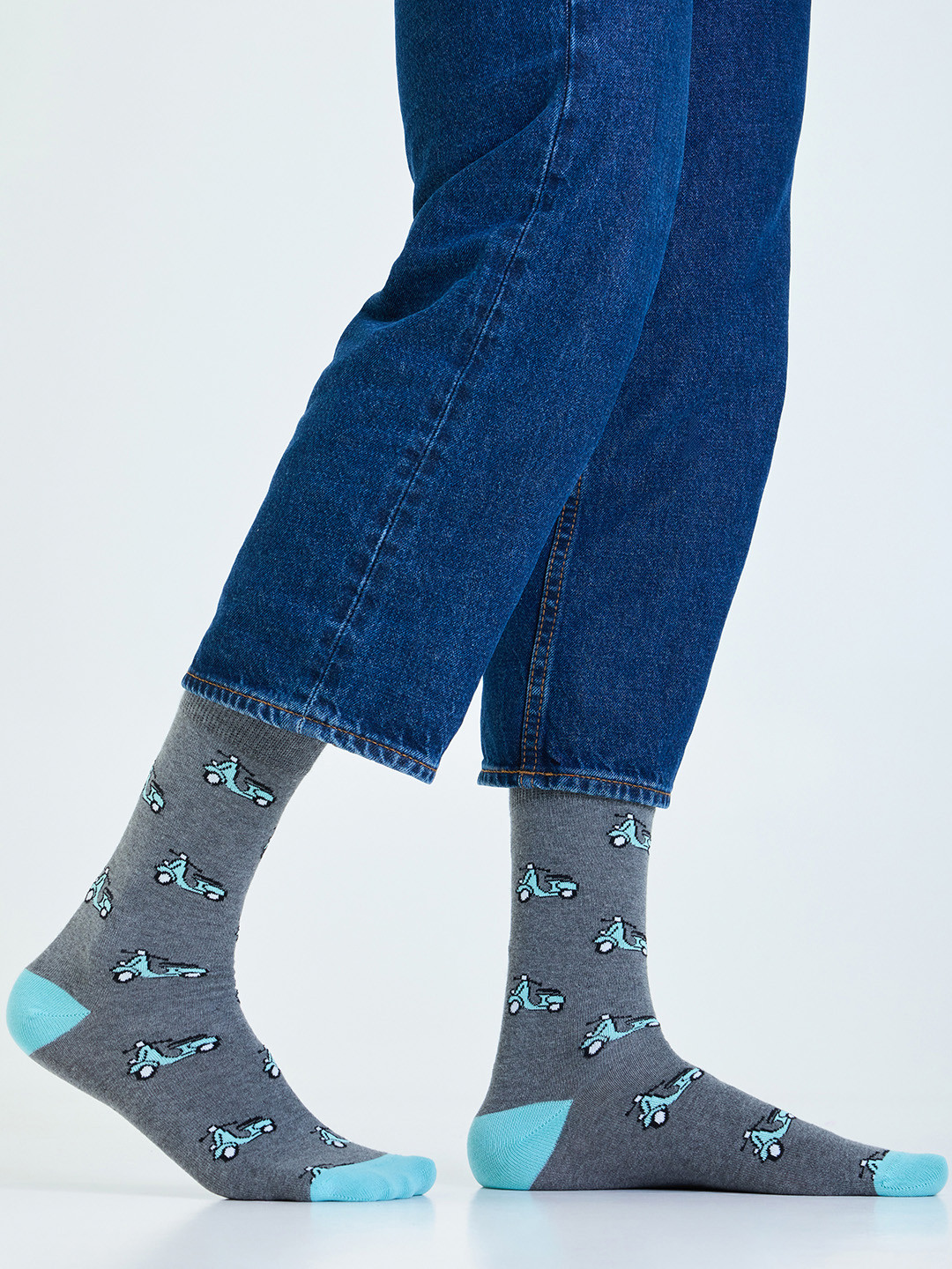 Mint & Oak Men Grey Melange Patterned Scoot-Over Calf-Length Socks