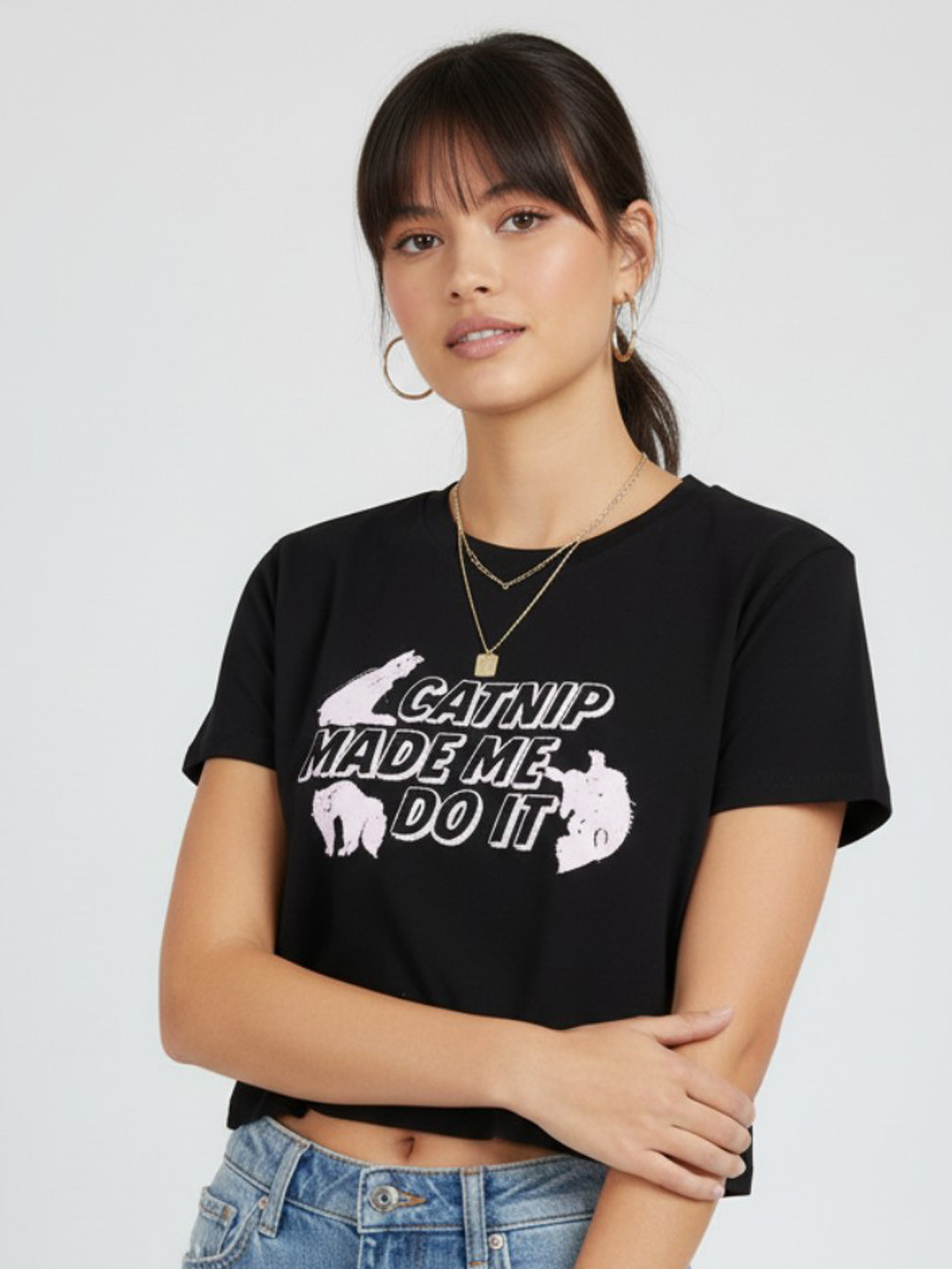 glitchez Typography Printed Pure Cotton Crop T-shirt