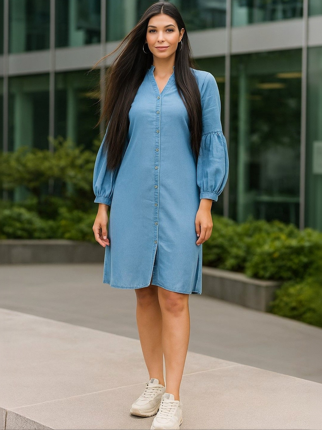 DressBerry Puff Sleeve Denim Shirt Dress