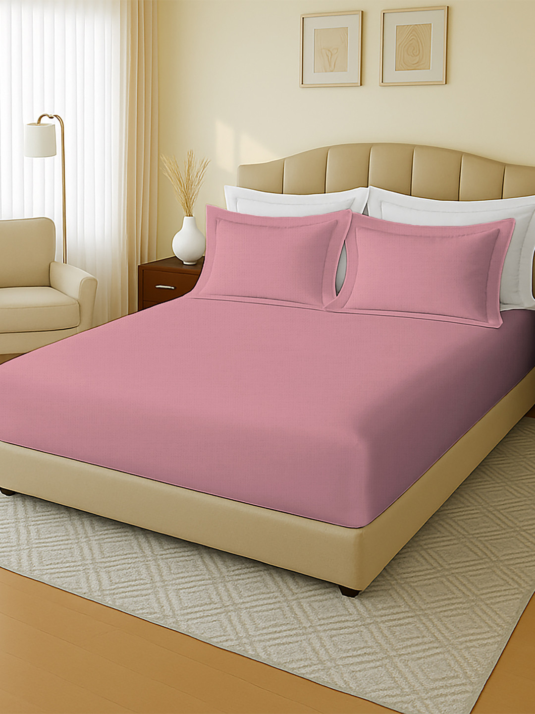 MAYFAIR HOMES LONDON Peach-Coloured 144 TC Cotton King Bedsheet with 2 Pillow Covers