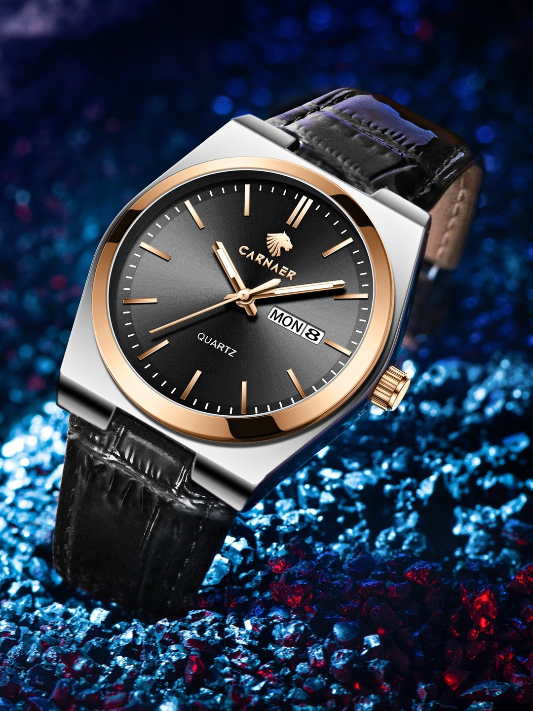 Carnaer Men Embellished Dial & Leather Straps Analogue Watch CN-6101-Blk-Blk