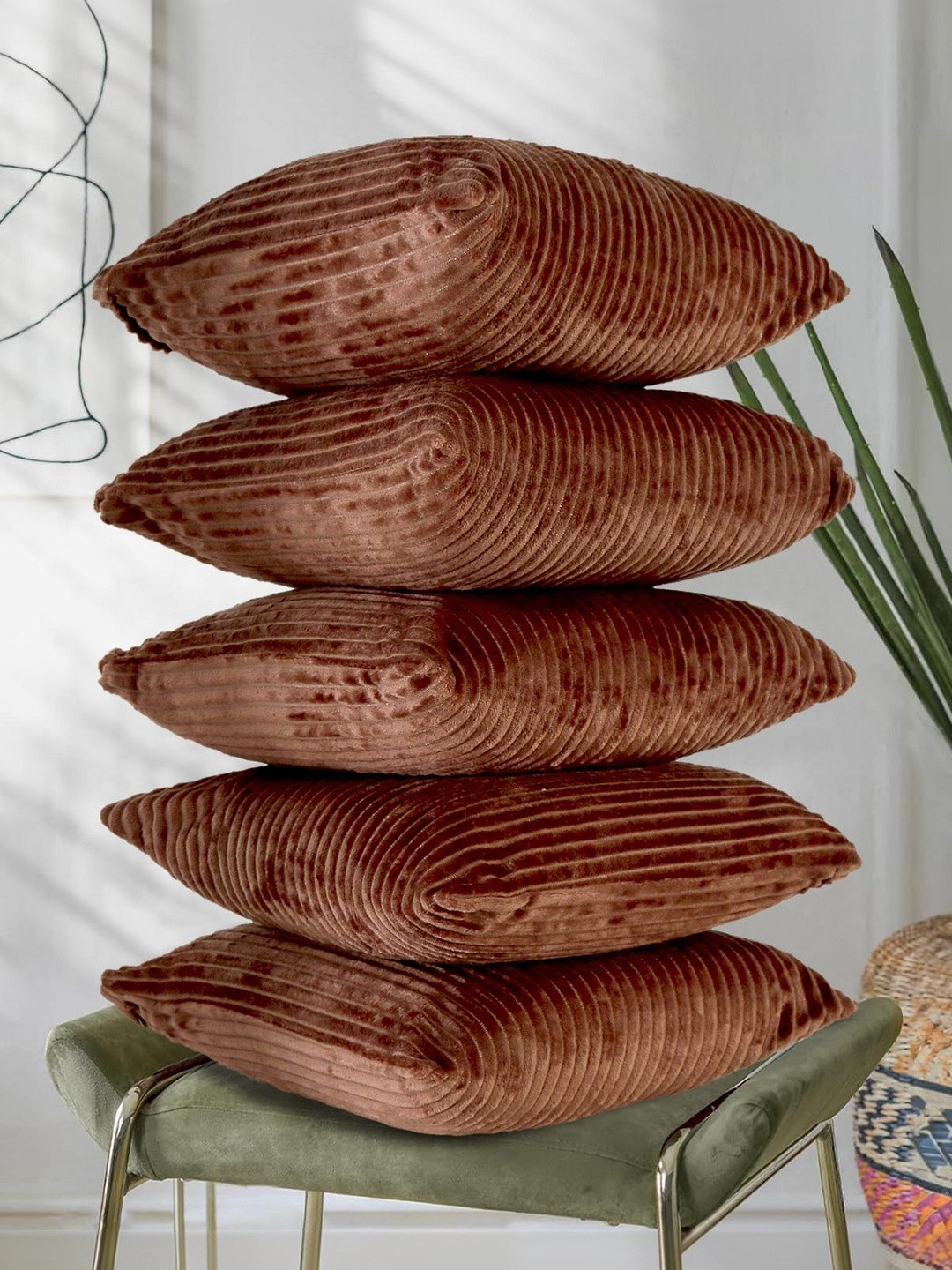 RD TREND Coffee Brown Set of 5 Striped Velvet Washable Square Cushion Covers