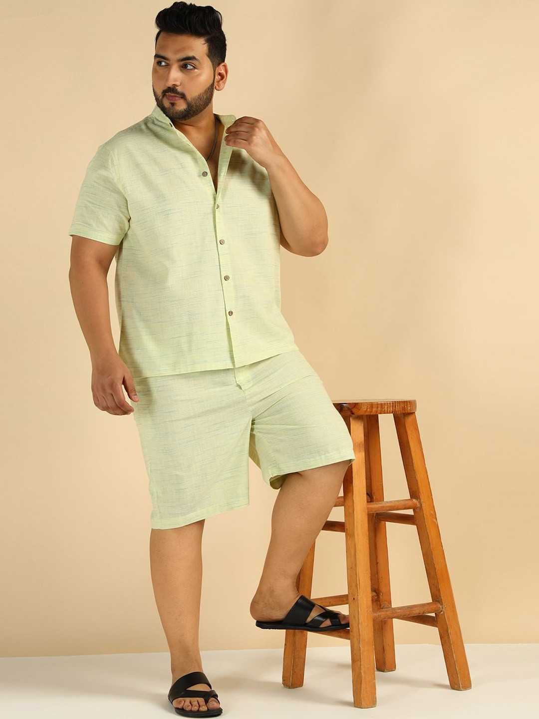 Amanush Plus Size Self Design Mandarin Collar Shirt With Shorts Co-Ords