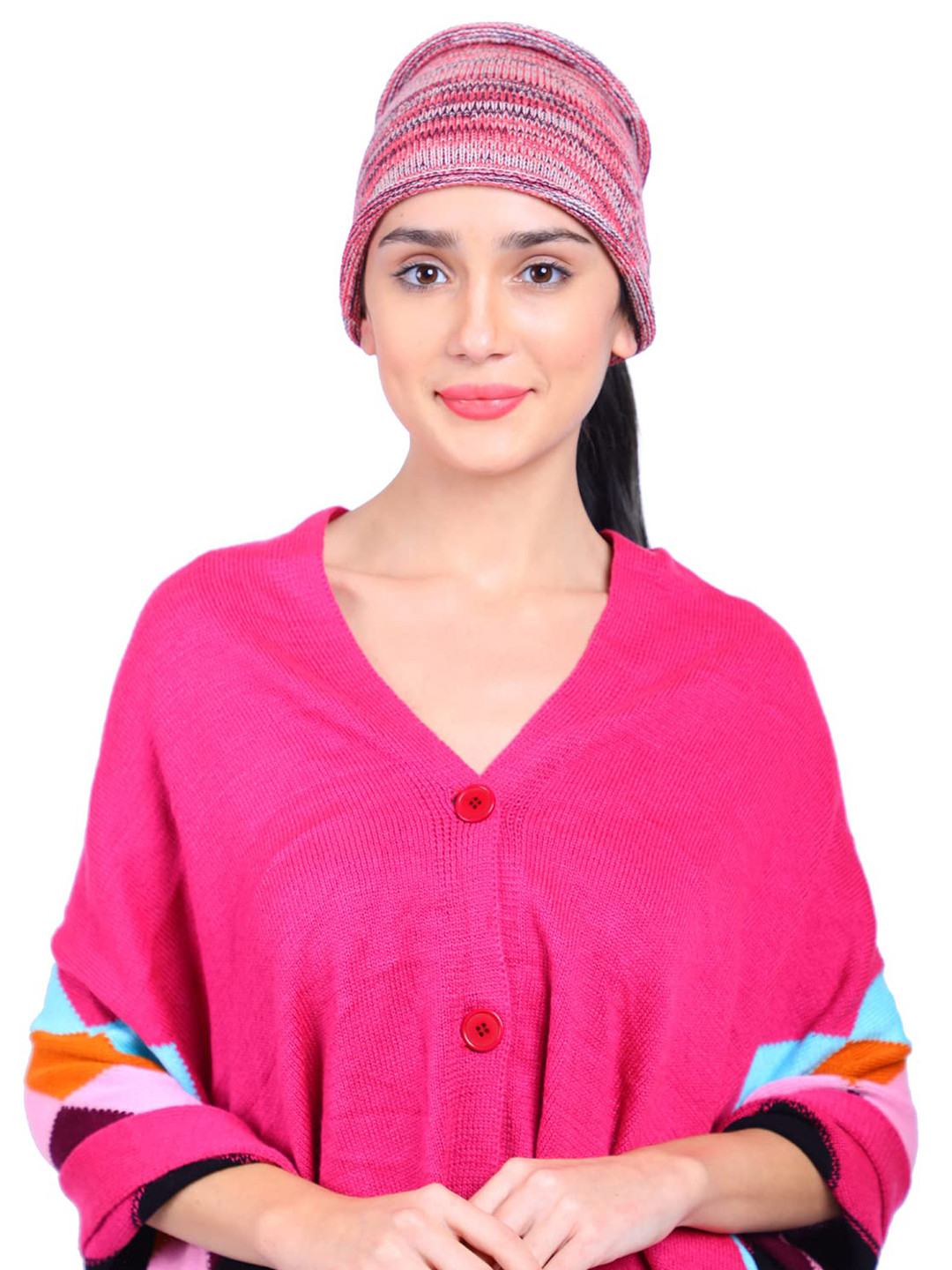 Bharatasya Women Pink & Purple Soft Knitted Beanie