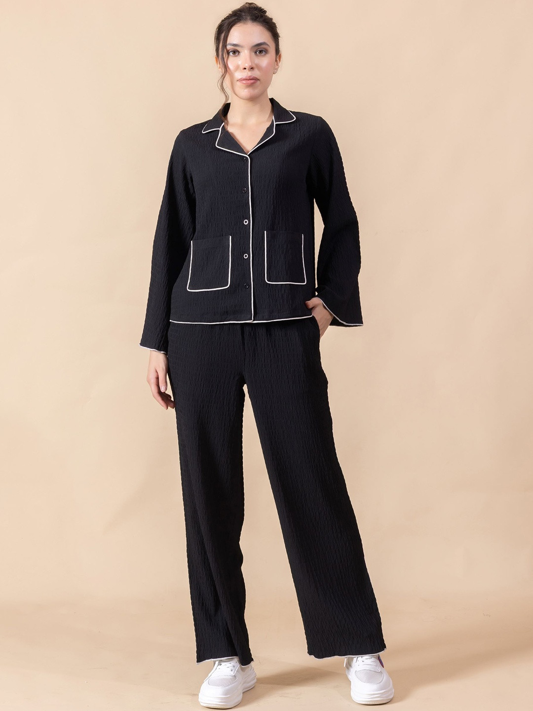 Madhuni Collared Contrast-Detail Shirt & Trouser Co-Ord Set