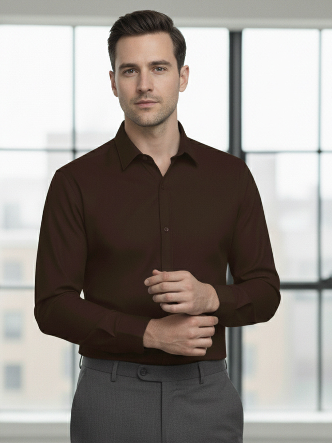 ALMATY Men Comfort Slim Fit Solid Spread Collar Pure Cotton Formal Shirt