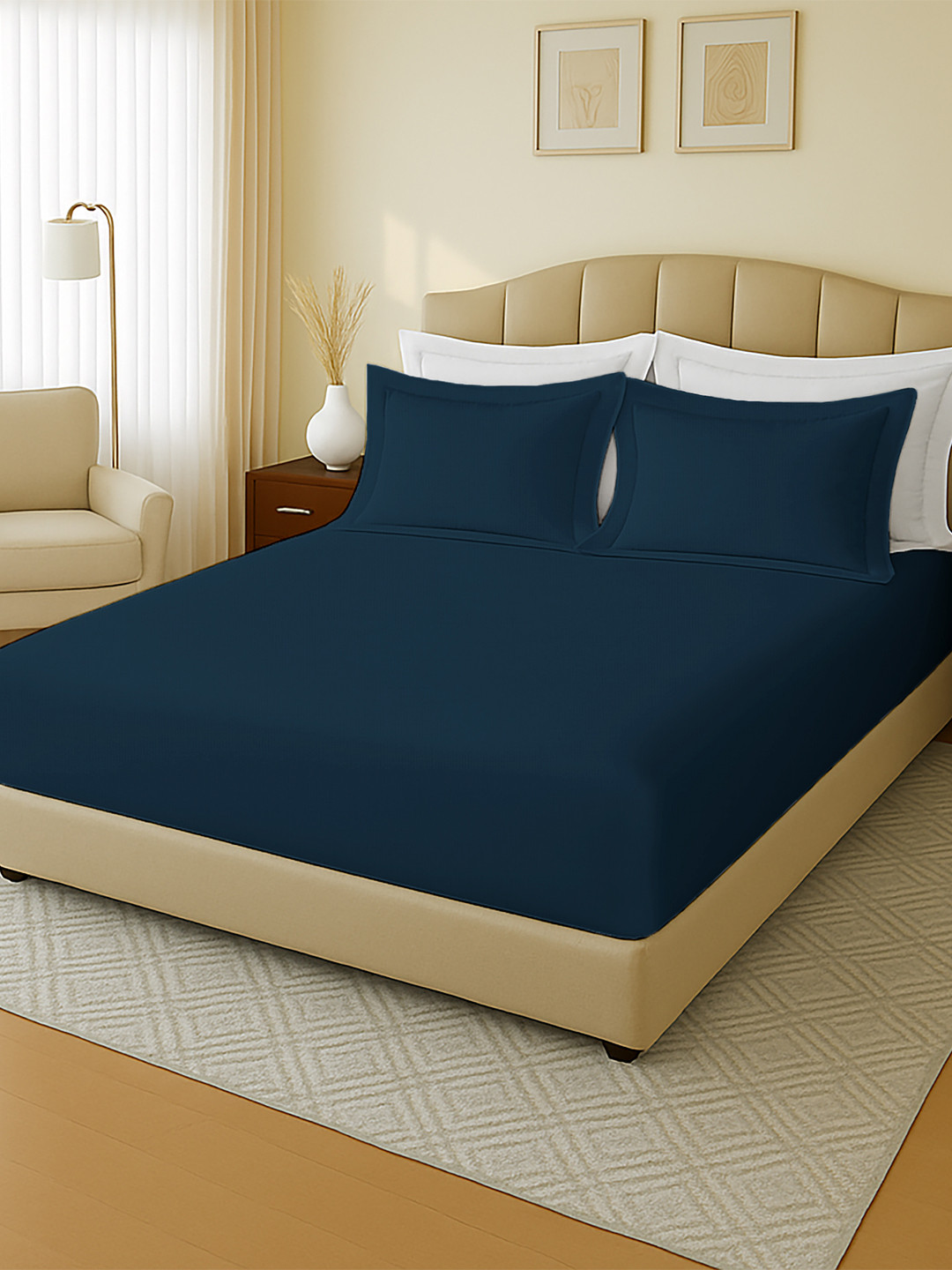 MAYFAIR HOMES LONDON Navy Blue 144 TC King Bedsheet with 2 Pillow Covers