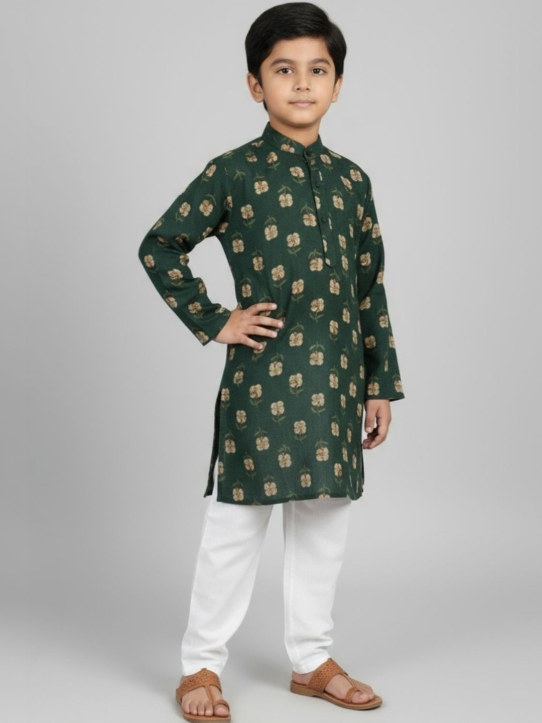 Sangria Boys Printed Cotton Mandarin Collar Straight Kurta Set
