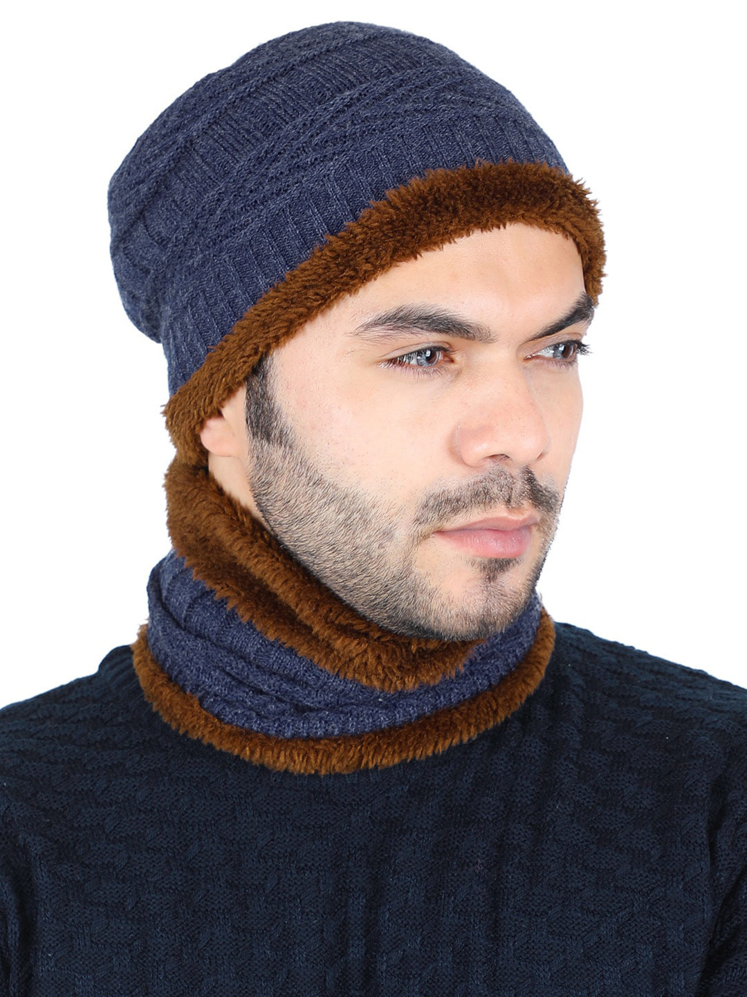 Bharatasya Men Blue Beanie With Neck Scarf