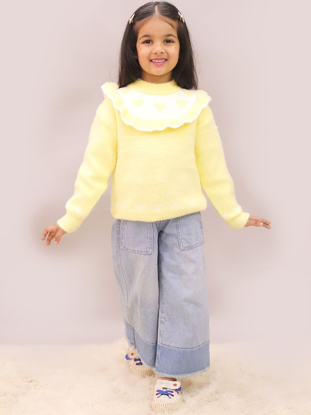 LITTLE GINNIE Girls Woollen Pullover with Fuzzy Detail