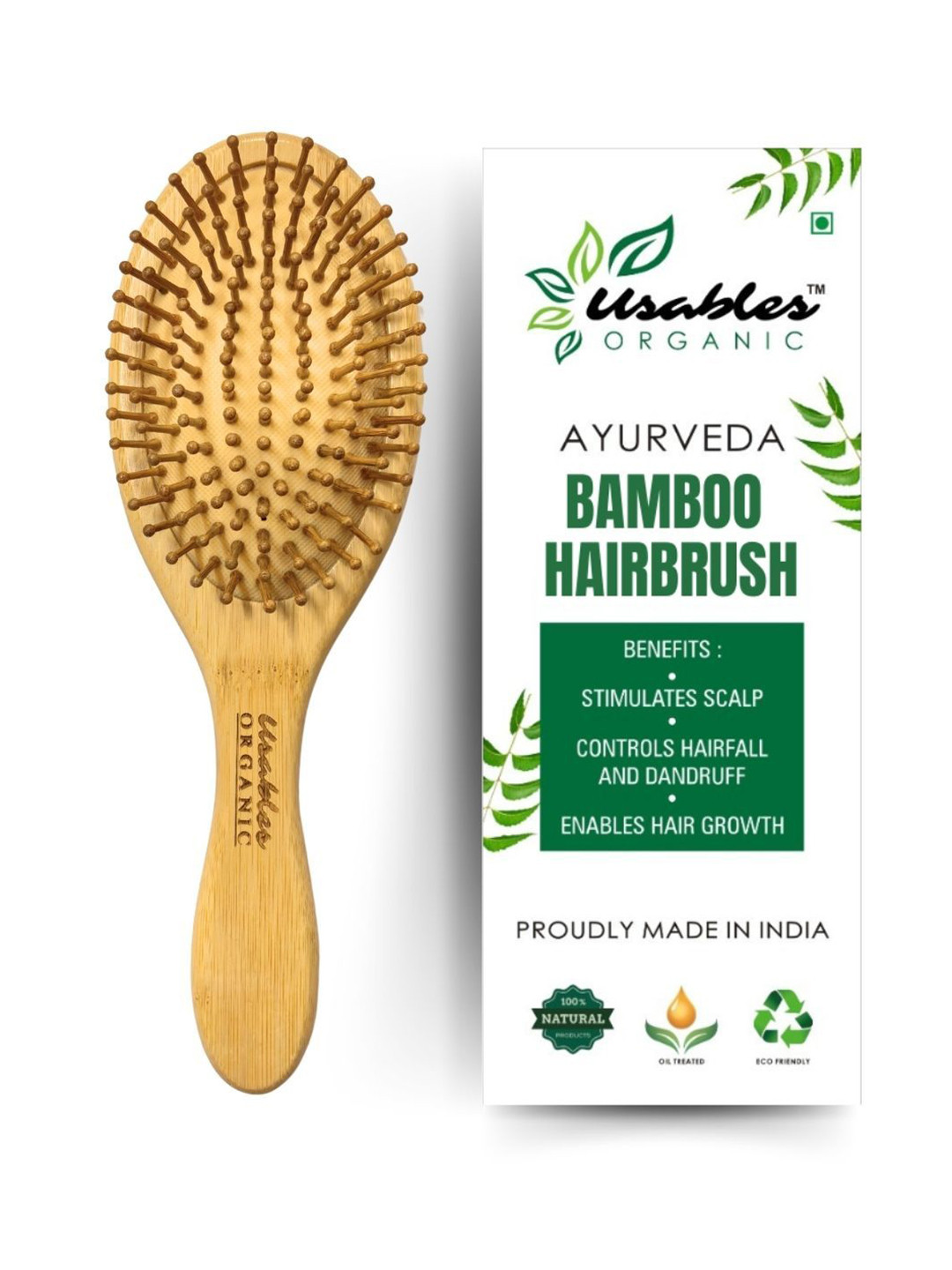Usables ORGANIC Unisex Bamboo Bristles Wooden Oval Hair Brush Hair Accessory Set
