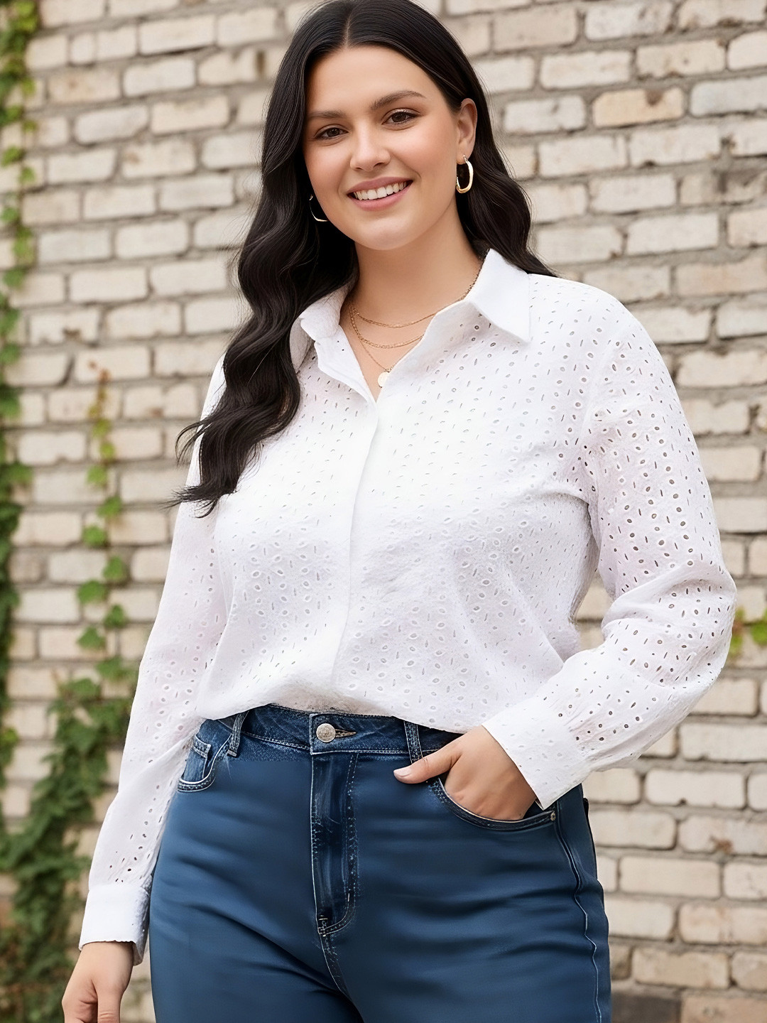 Berrylush Curve WoWomen Regular Fit Spread Collar Textured Cotton Casual Shirt